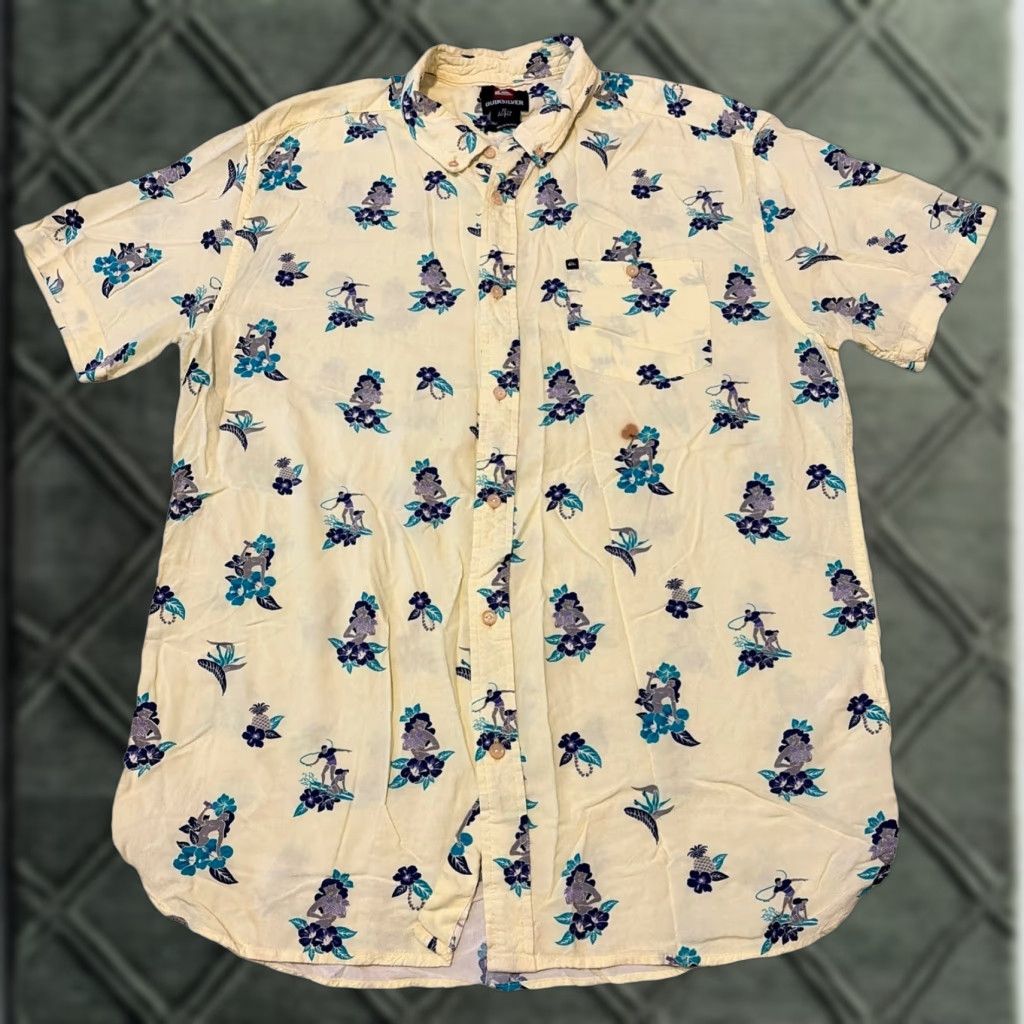 Quiksilver VINTAGE Quiksilver Button-Up Shirt Hawaiian Surfer Girl Graphic Yellow Large L Mens Short Sleeve Size US L / EU 52-54 / 3 - 1 Thumbnail