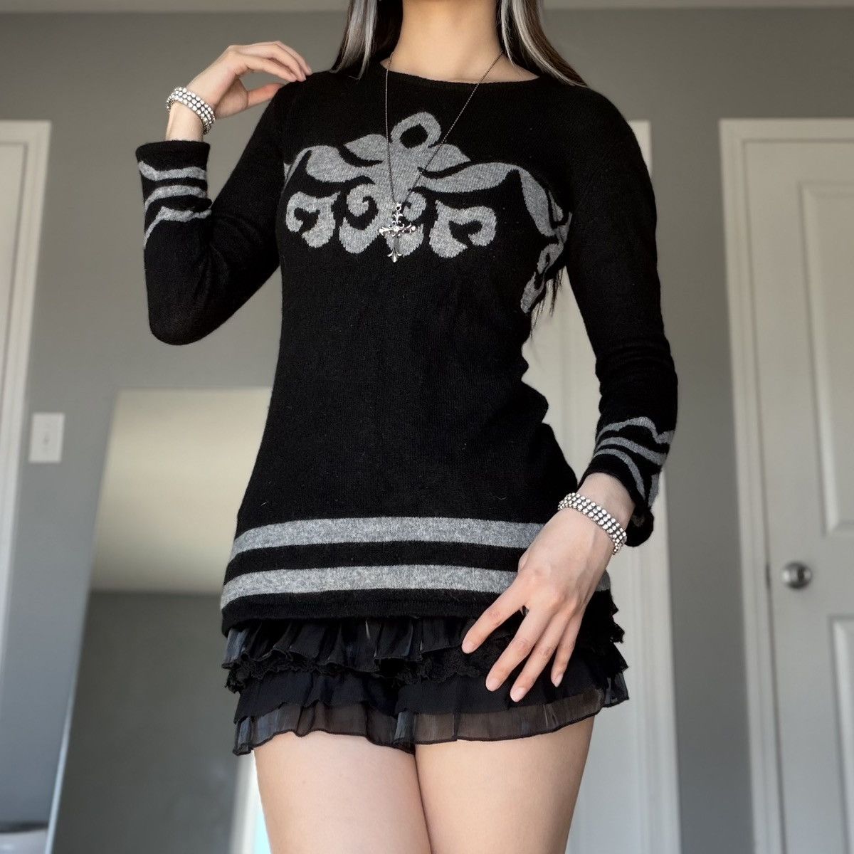Other Black 100% Cashmere Baroque Damask Pattern Crewneck Sweater Size XS / US 0-2 / IT 36-38 - 12 Thumbnail