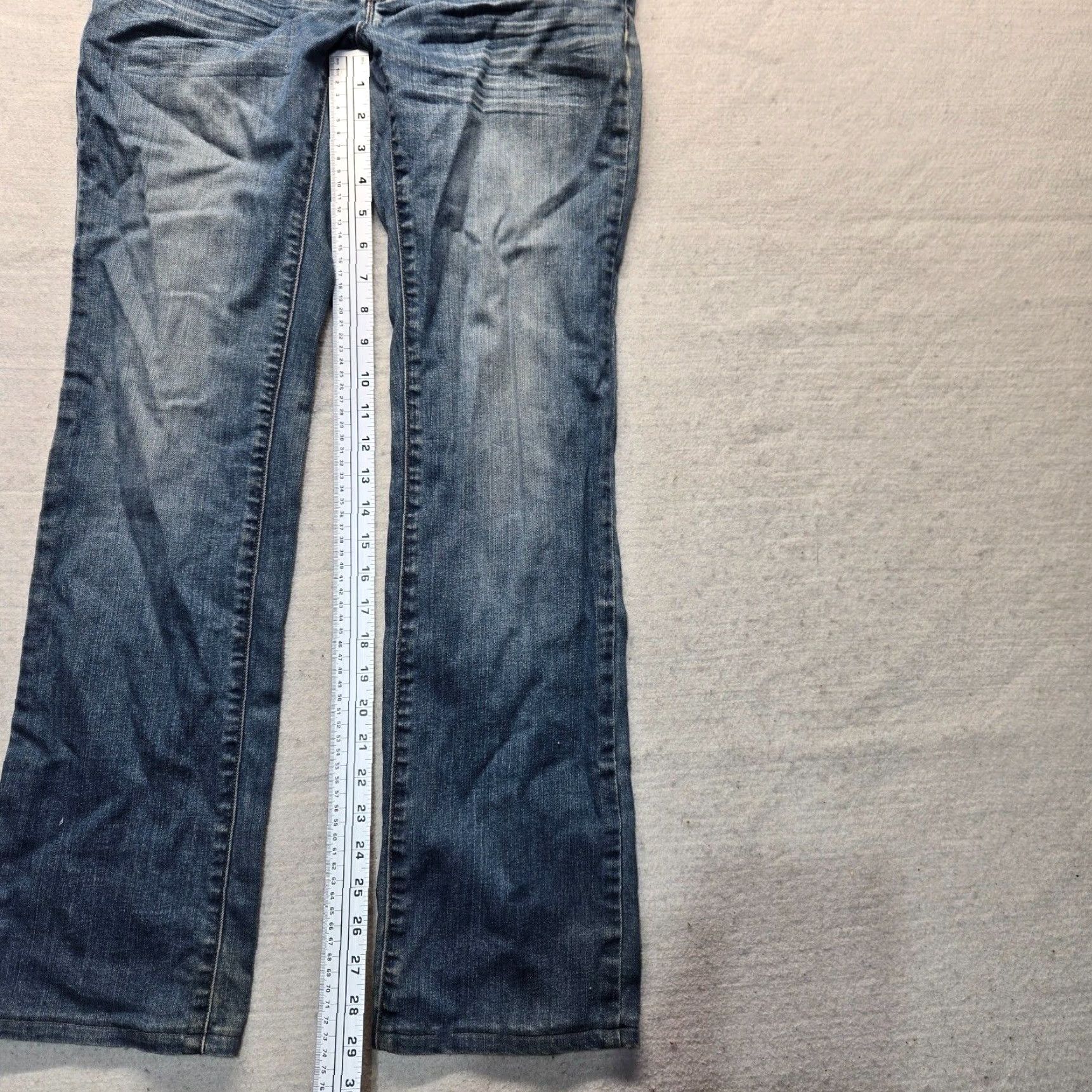 Denime Promod Jeans Women's Low-Rise Stretch Distressed Blue Denim Size 12 Regular 5-Pocket Straight Fit Size 34" / US 12 / IT 48 - 7 Thumbnail