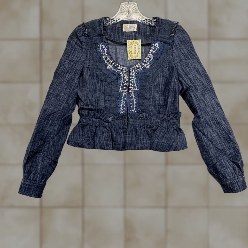Denime Women's Denim Top Small Crop Super Detailed Beaded Neckline Dark Indigo Stretch Size S / US 4 / IT 40 - 1 Thumbnail
