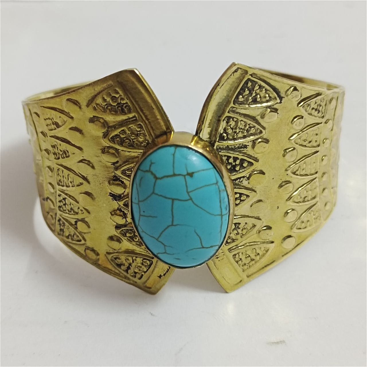 Handmade Handcrafted brass bracelet with turquoise stone Size ONE SIZE - 4 Thumbnail