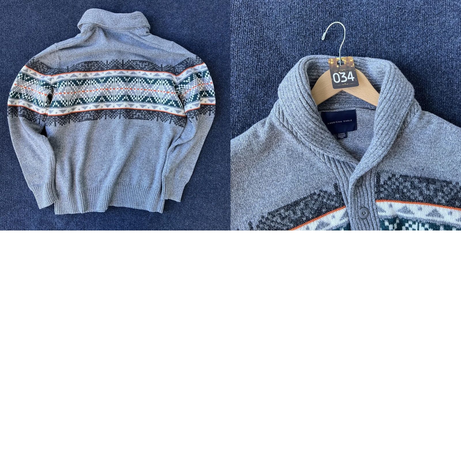 American Eagle Outfitters VINTAGE American Eagle Sweater Mens XL Gray Shawl Collar Fair Isle Nordic Pullover Knit Size US XL / EU 56 / 4 - 8 Thumbnail