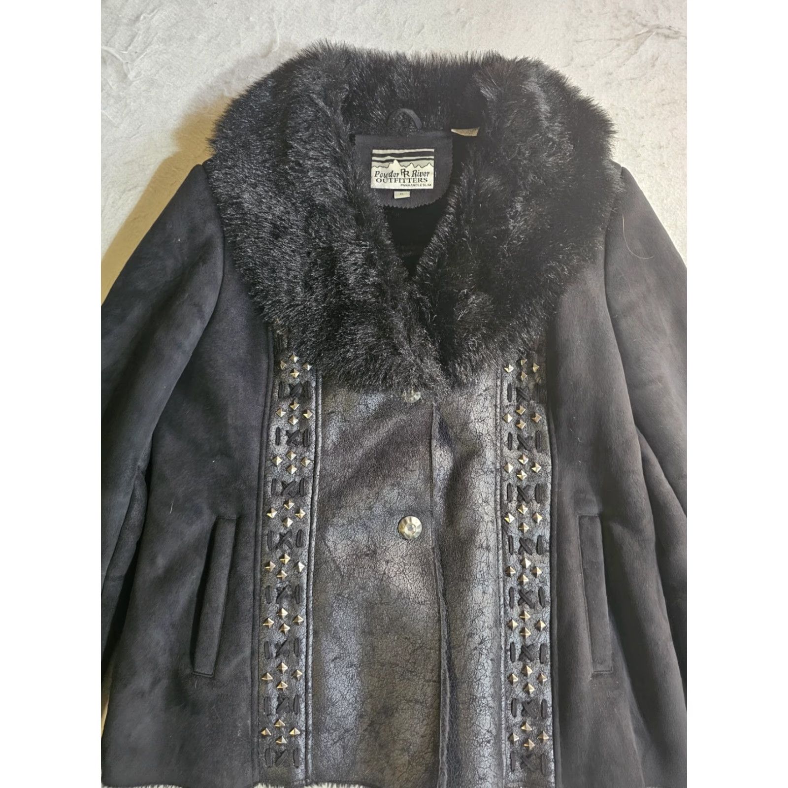 Vintage Powder River Outfitters Panhandle Slim Faux Suede & Fur Studded Jacket Women XL Black Size XL / US 12-14 / IT 48-50 - 2 Thumbnail
