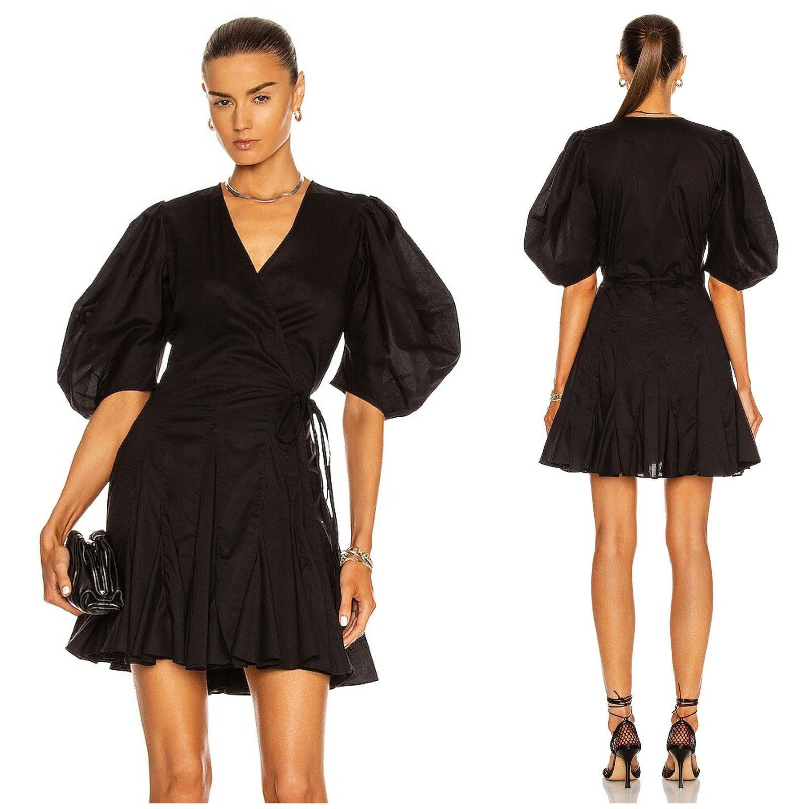 RHODE $375 Claudine Wrap Dress Puff Sleeves mini Black XS