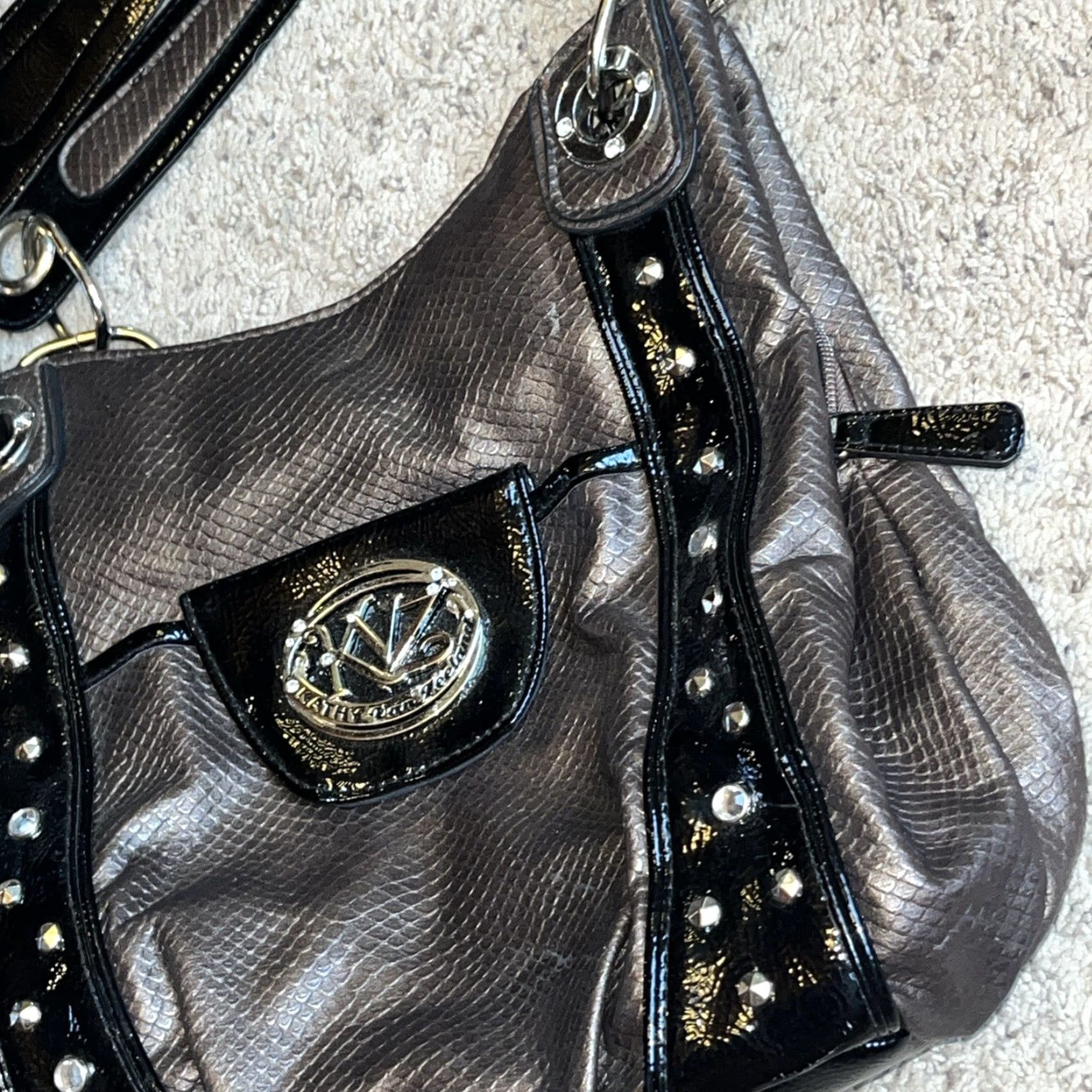 Doublet VINTAGE Kathy Van Zeeland Shoulder Bag Croc Embossed Brown Black Silver Studs Slouchy Boho Double Straps Size ONE SIZE - 3 Thumbnail