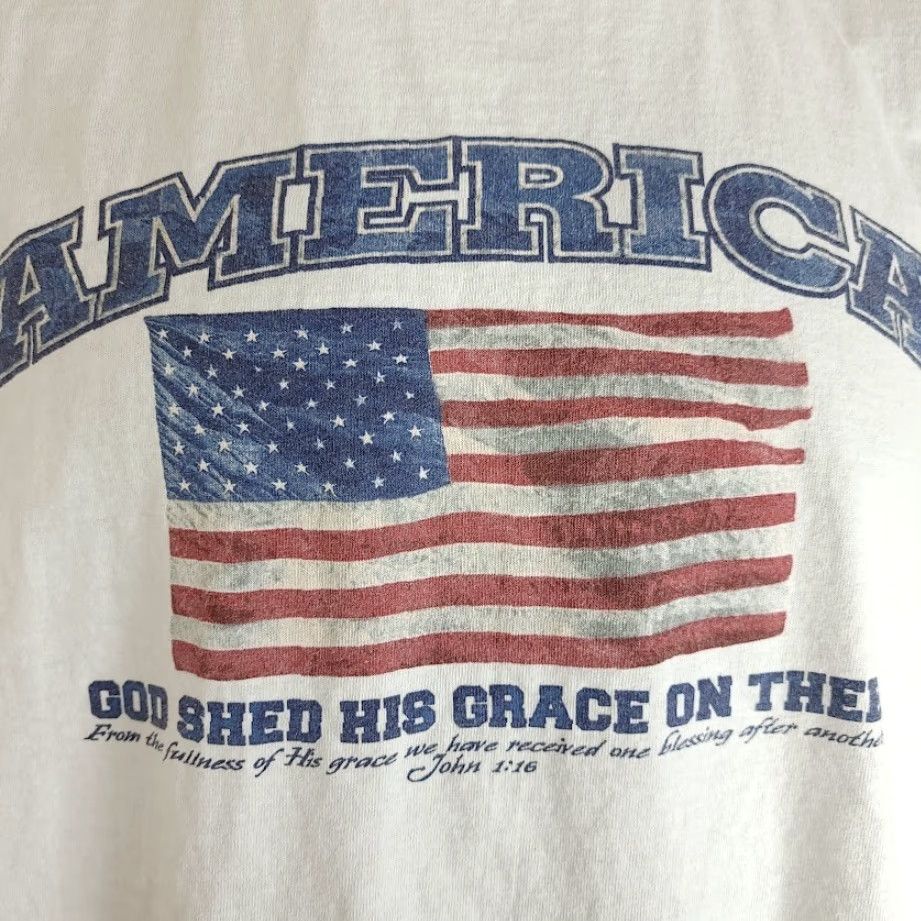 Delta VINTAGE Christian American Flag T Shirt Mens Size Large Y2K God Shed His Grace On Thee White Cotton Delta Crew Neck Short Sleeve Shirt Size US L / EU 52-54 / 3 - 3 Thumbnail