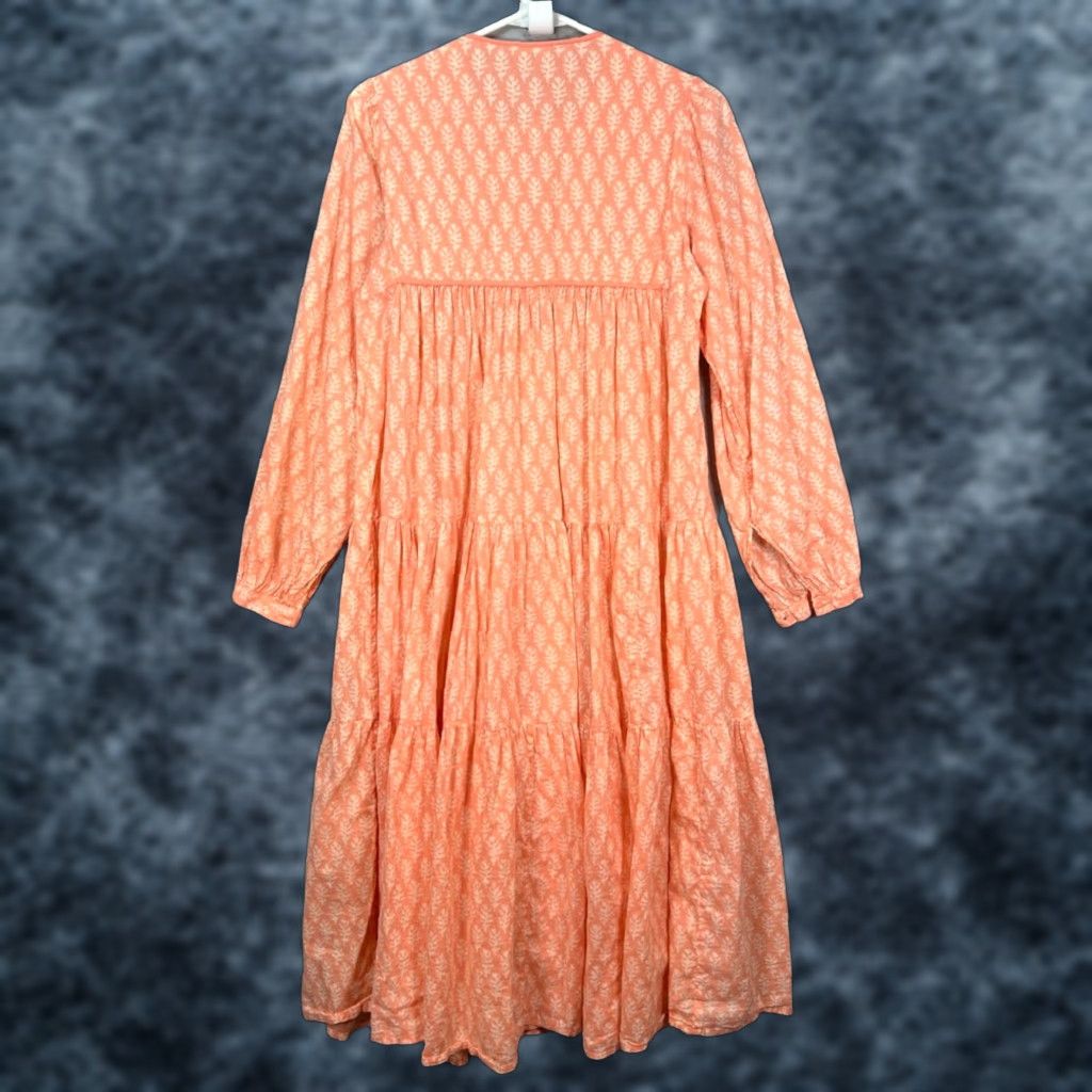 Vintage Matta Shirt Women Small Coral Pink Boho Maxi Dress Leaf Print Tiered Skirt Tie Neck Size 28" / US 6 / IT 42 - 1 Thumbnail