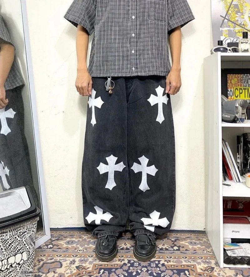 image of Retro Cross High Waist Jeans in Black, Men's (Size 33)