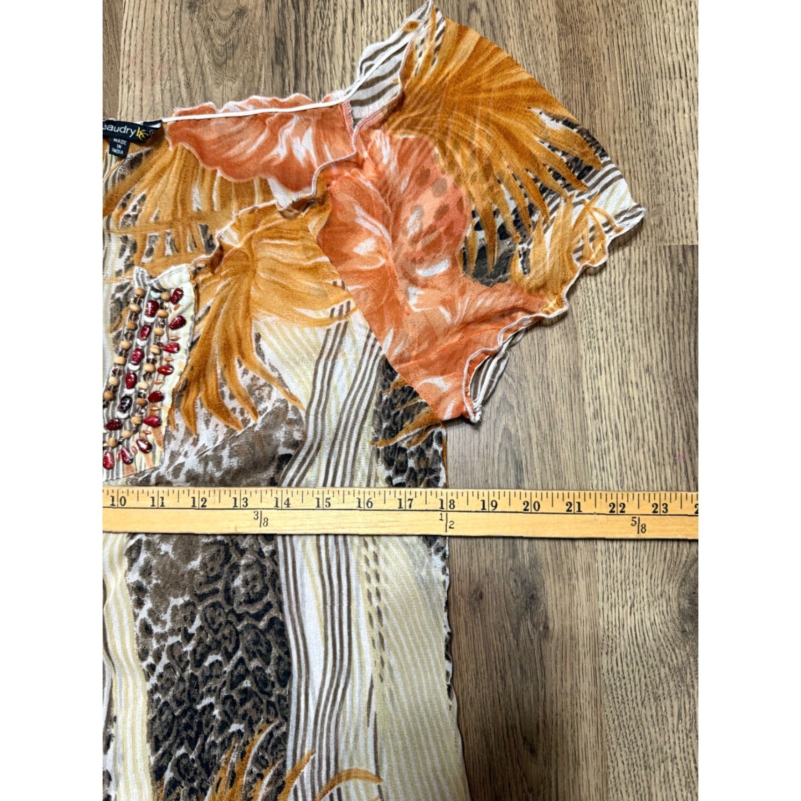 Vintage Chaudry KC Blouse Women L Orange Brown White V-neck Beads Cap Sleeve Casual Modern Cotton-Shirt Size L / US 10 / IT 46 - 6 Thumbnail