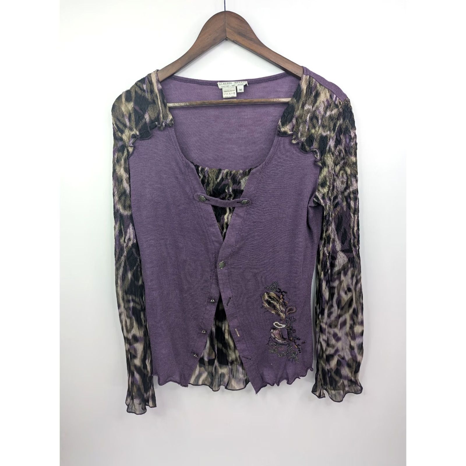 Vintage Alberto Makali Blouse Woman's M Crinkle Animal Print Sleeve Scoop Neck Pullover Casual Party Travel Purple Polyester Regular Womens Size M / US 6-8 / IT 42-44 - 2 Thumbnail