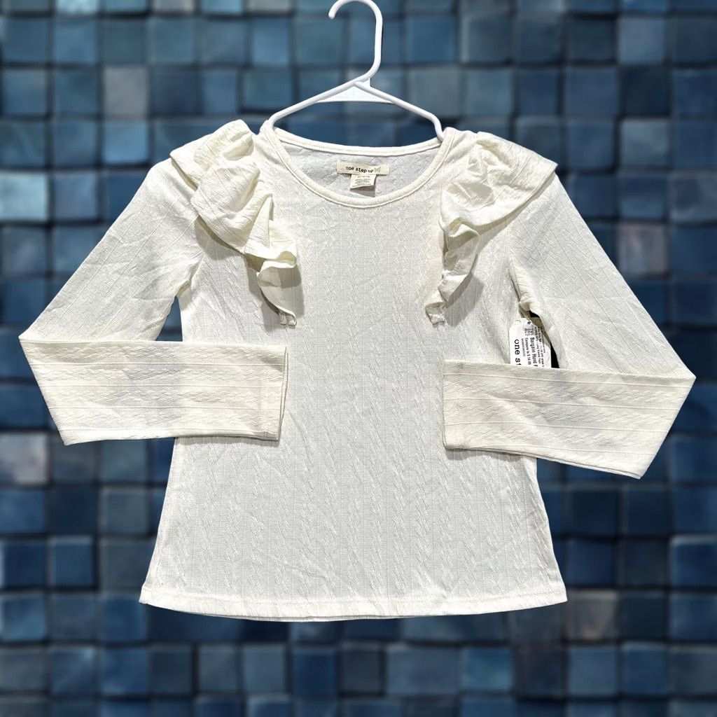 Vintage One Step Up Top Shirt Womens M Off-White Ivory Ruffle Sleeve Stretch Patterned NWT Size M / US 6-8 / IT 42-44 - 1 Thumbnail