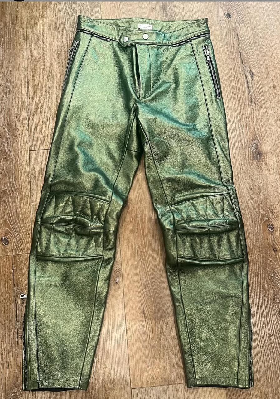 Dries Van Noten Green Metallic Moto Leather Zip Pants