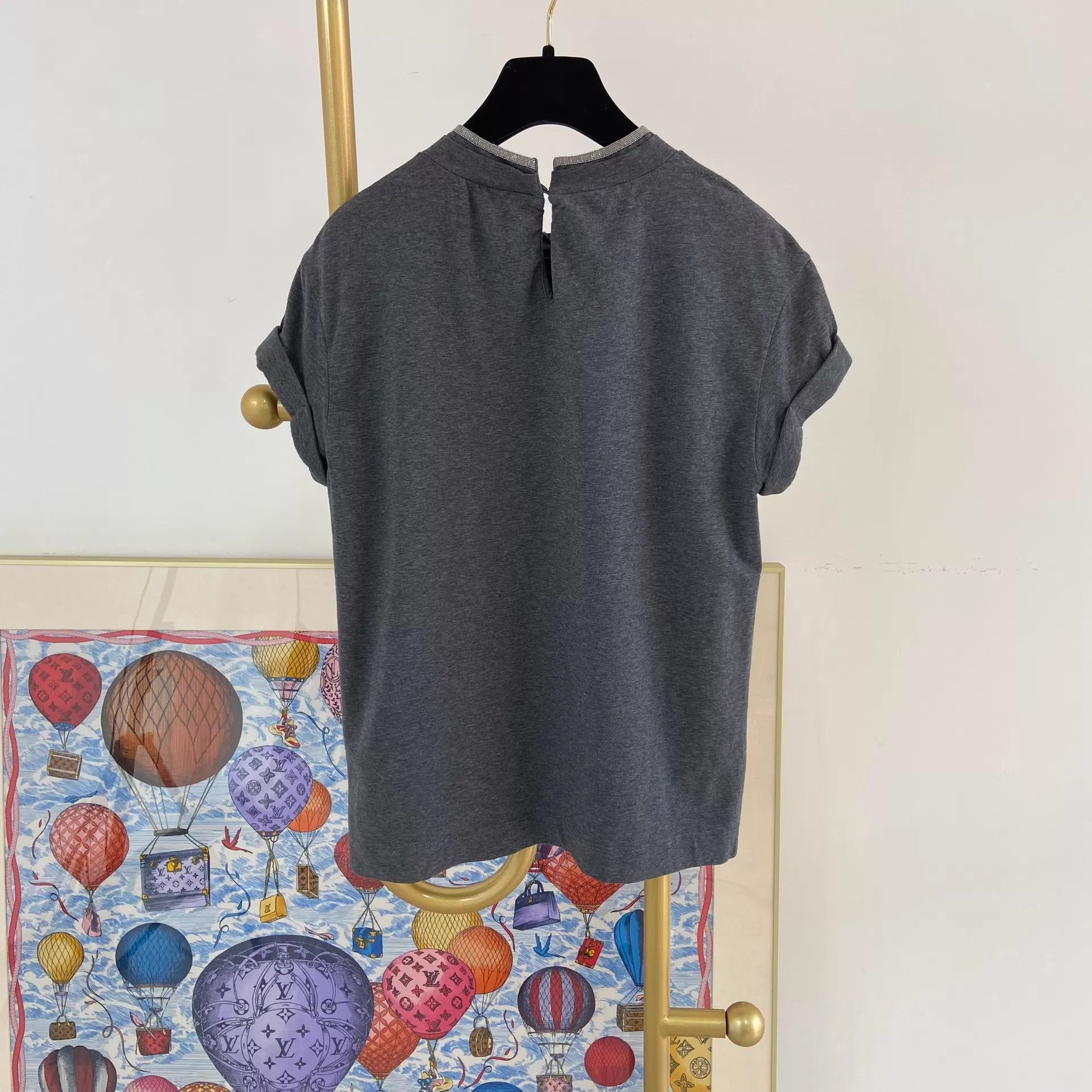 Brunello Cucinelli BC Deep Gray Beaded T-shirt XS Size XS / US 0-2 / IT 36-38 - 2 Thumbnail