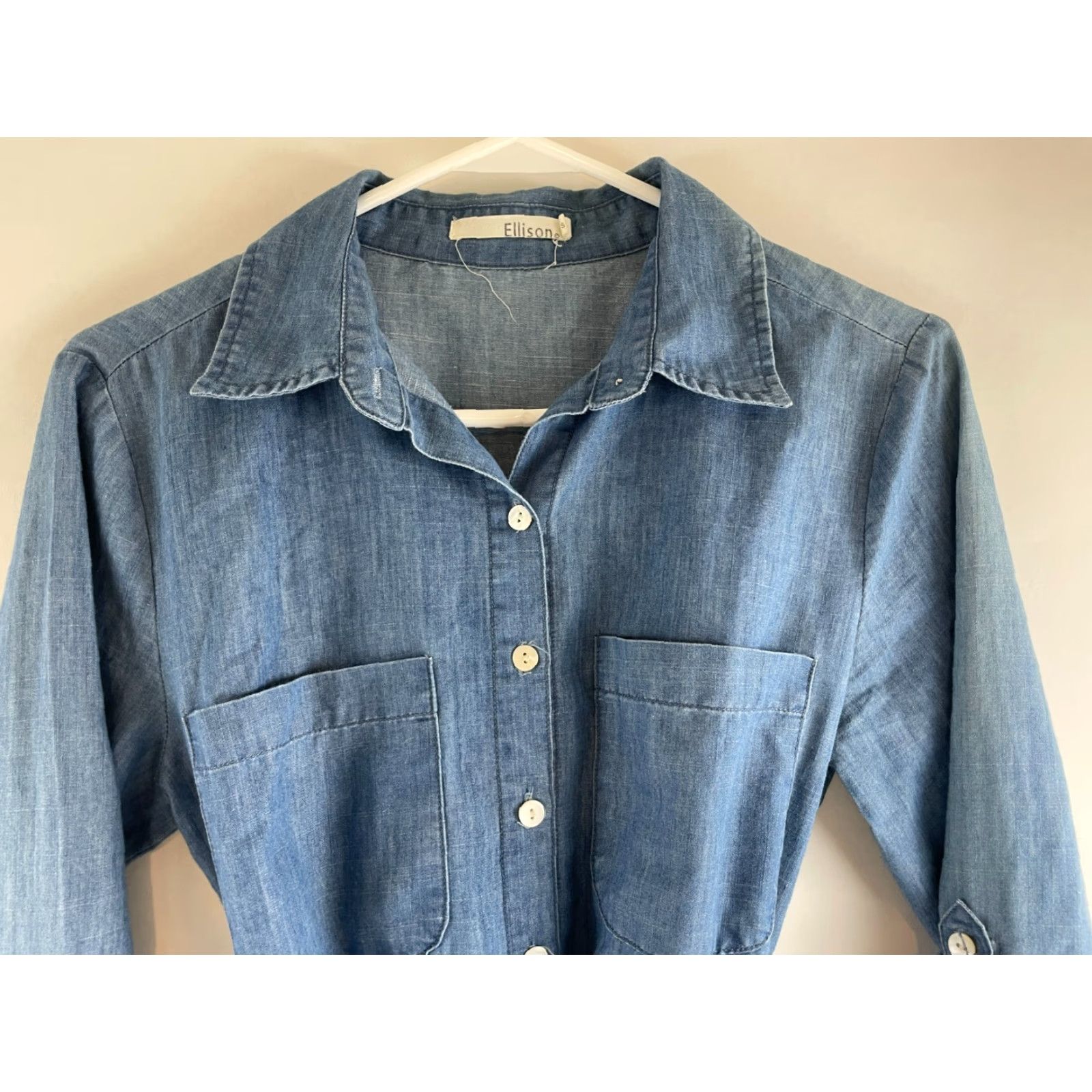 Vintage Ellison Dress Women's Size Small Blue Chambray Knee Length Tie Belt Roll Tab Dress Size S / US 4 / IT 40 - 3 Thumbnail