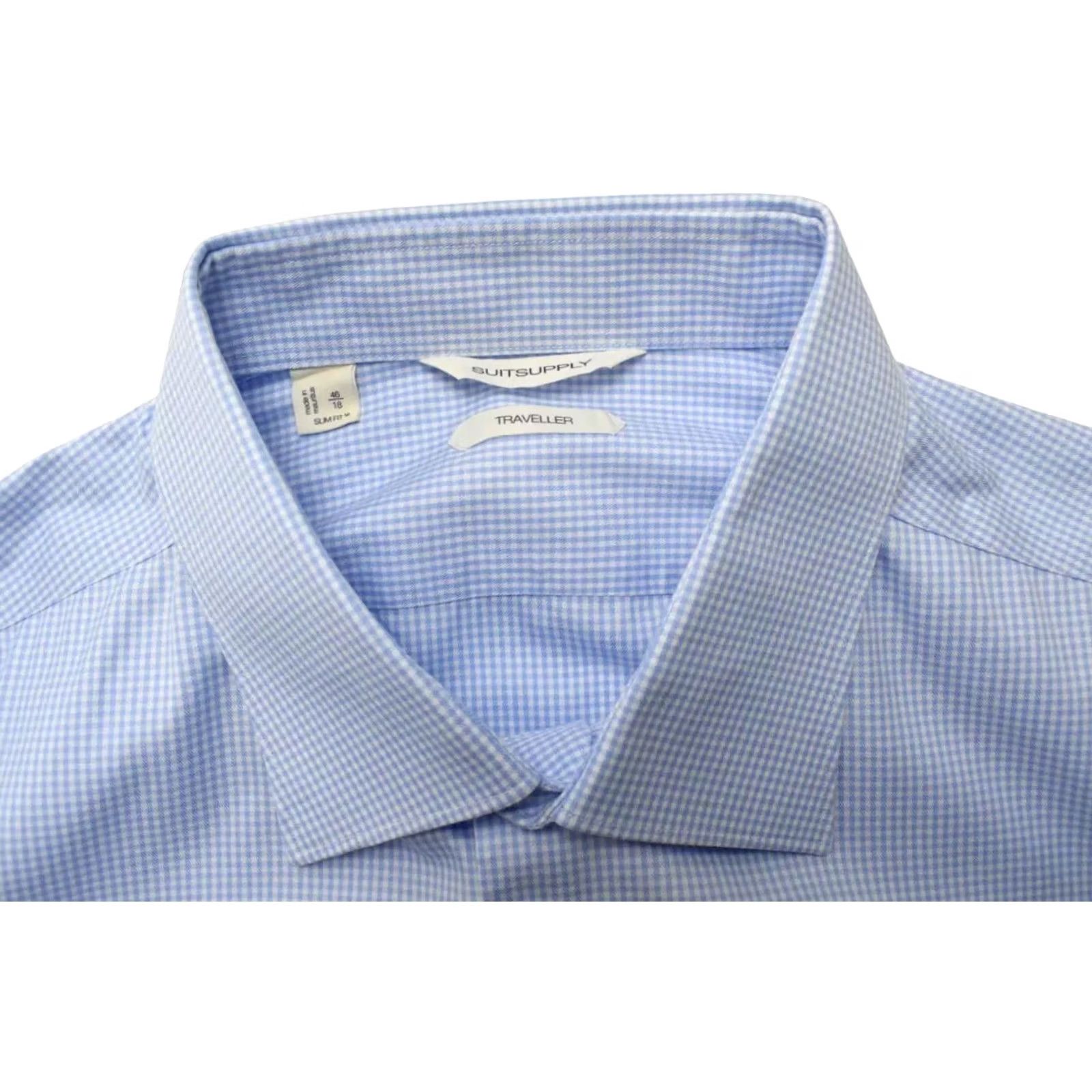 Suitsupply Suitsupply Traveller Slim Fit Formal Shirt Mens 46 / 18 Blue Plaid Print Spread Shirt Size 46R - 4 Thumbnail