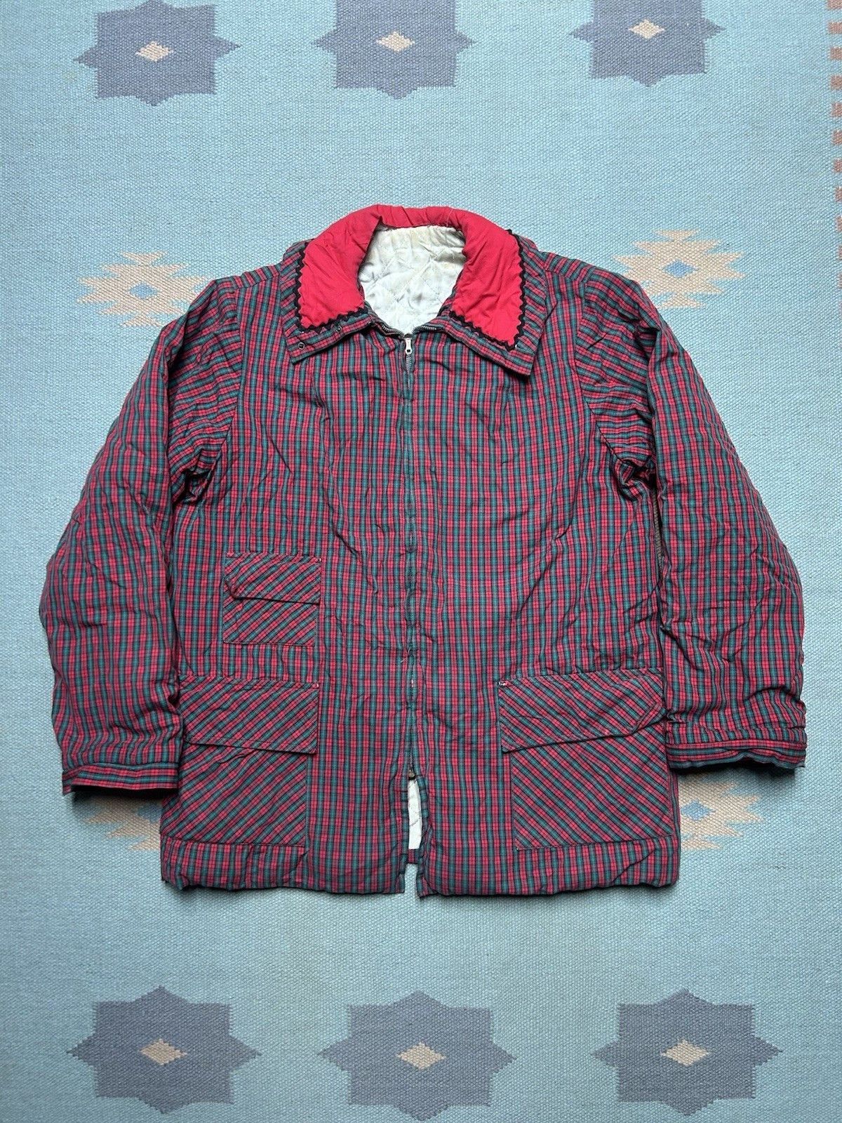 Vintage 50s quilt lined jacket crown zip 3 pocket cotton plaid S/M? Size US M / EU 48-50 / 2 - 1 Thumbnail