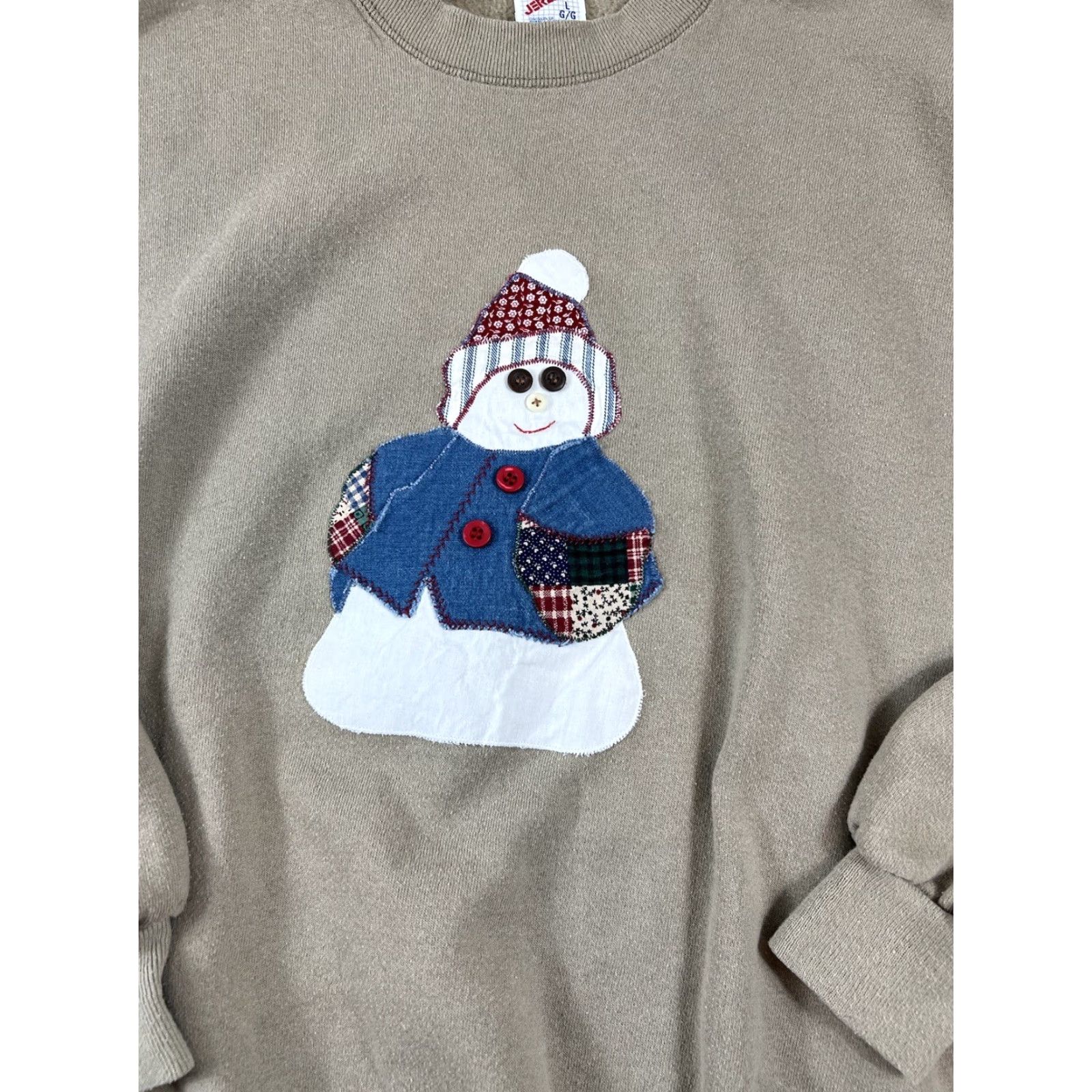 Jerzees VINTAGE Jerzees Sweatshirt Shirt Unisex Adults L Beige Quilted Winter Snowman Patch Pullover - Mens Womens Size L / US 10 / IT 46 - 3 Thumbnail