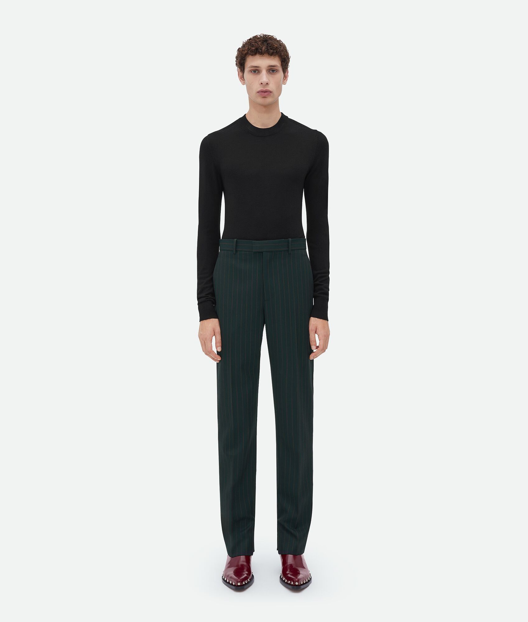 Bottega Veneta o1n1vont1224 Slim Leg Wool Pinstripe Pants in Dark Green Size US 34 / EU 50 - 1 Thumbnail