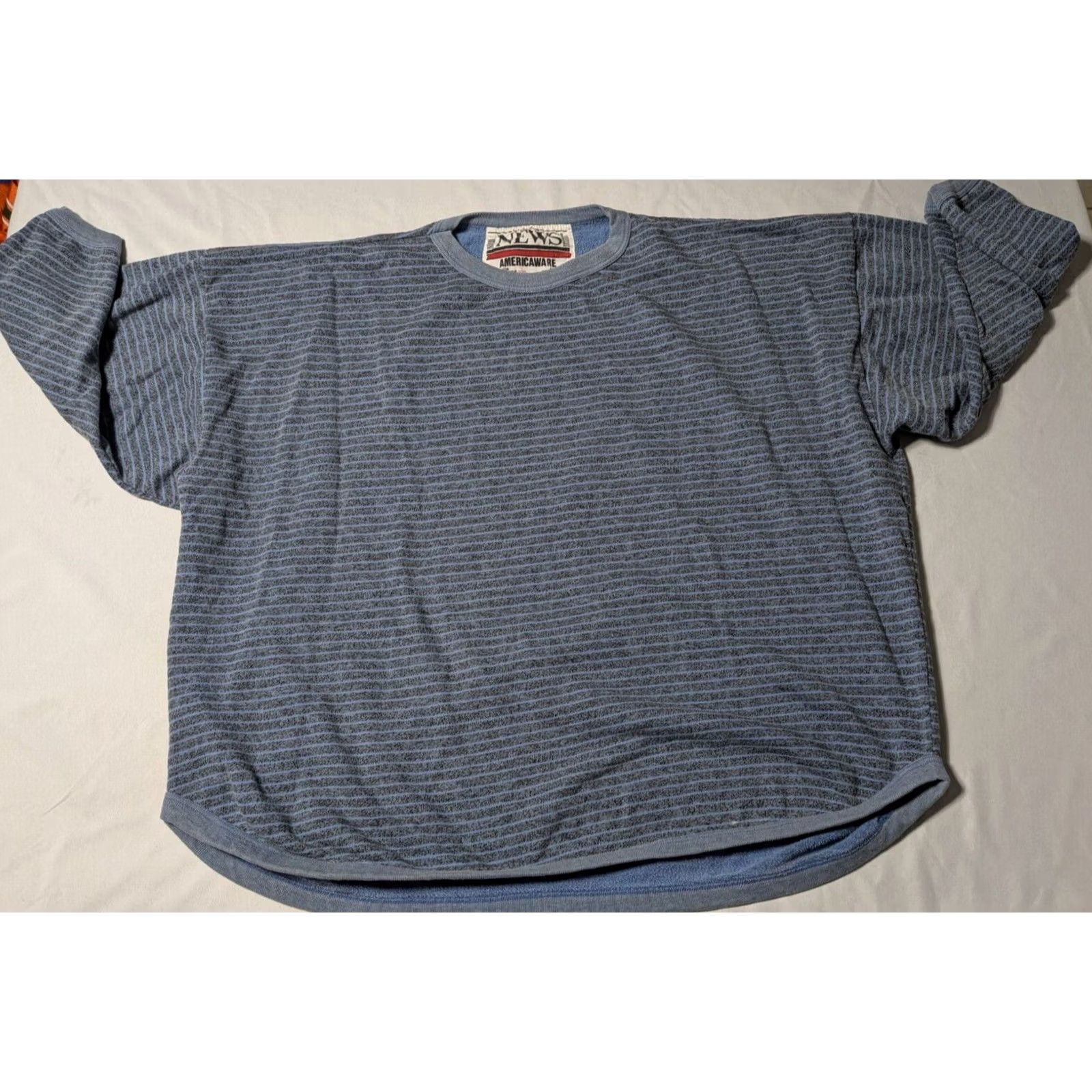 Vintage VTG 80s INTERNATIONAL NEWS AMERICAWARE Oversized Blue Striped Sweatshirt Shirt Womens Size ONE SIZE - 6 Thumbnail