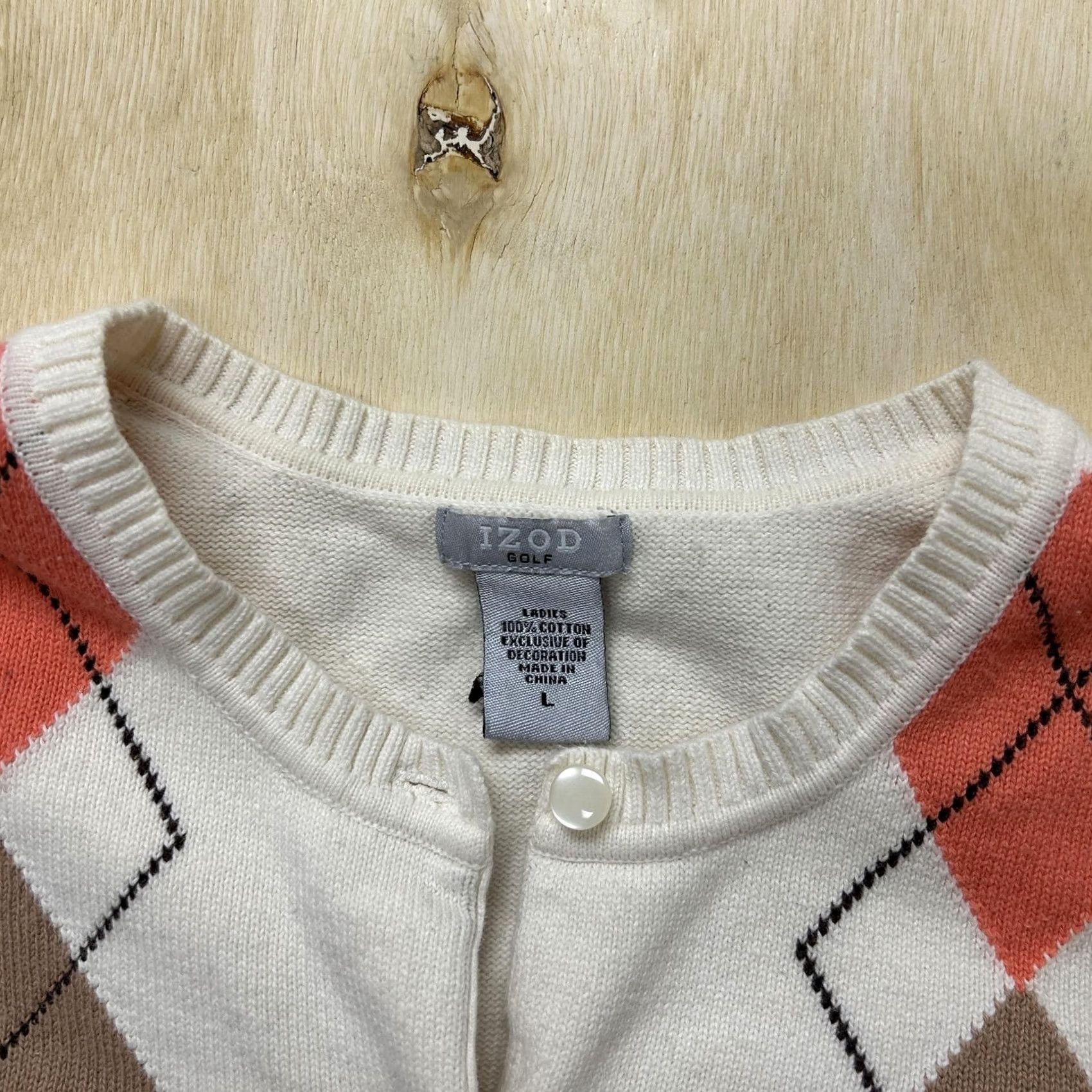 Izod IZOD Golf Cardigan Sweater Womens Large White Argyle Tight-Knit Button Front Cardigan Size L / US 10 / IT 46 - 3 Thumbnail