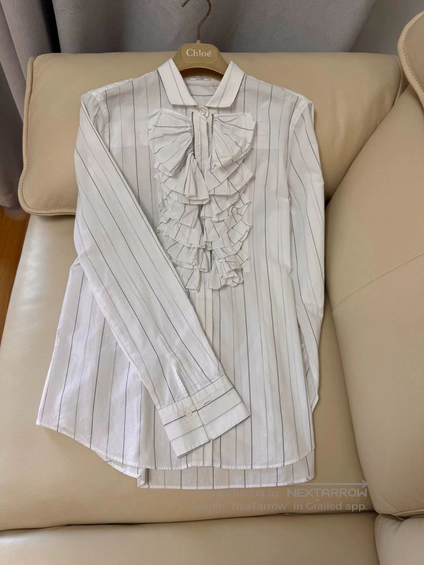 Brunello Cucinelli Brunello Cucinelli White Striped Ruffled Shirt. Size US M / EU 48-50 / 2 - 1 Thumbnail