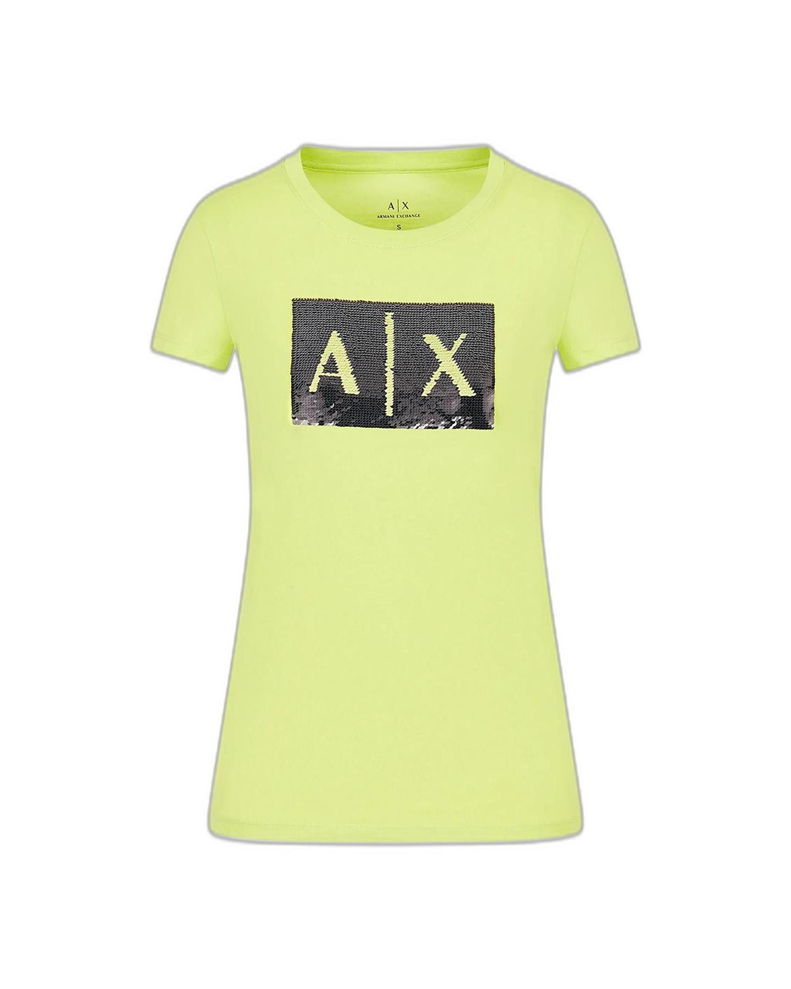 image of Armani Exchange Print Round Neck Cotton T-Shirt in Yellow, Women's (Size 2XL)