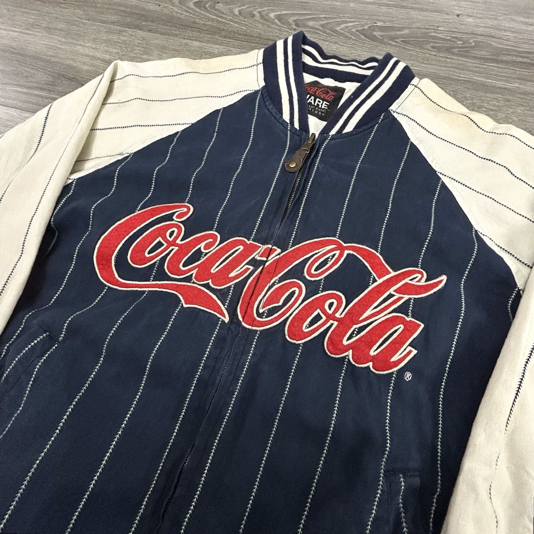VINTAGE Coca-Cola Varsity Bomber Jacket Unisex Adults XL Multicolor Striped Reversible 80s 90s Sports Jacket