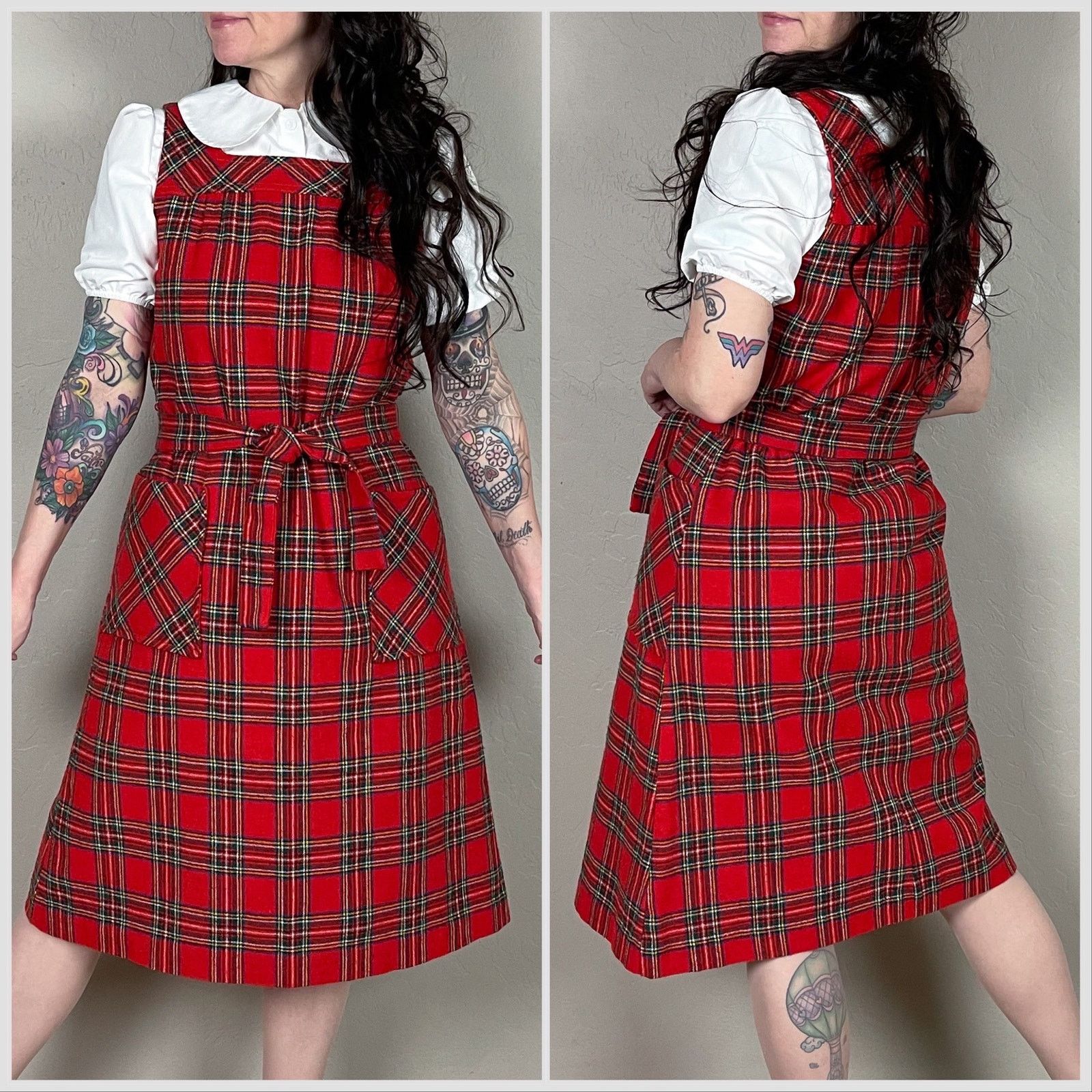Vintage 1970s Red Tartan Plaid A-Line Pinafore Jumper Dress