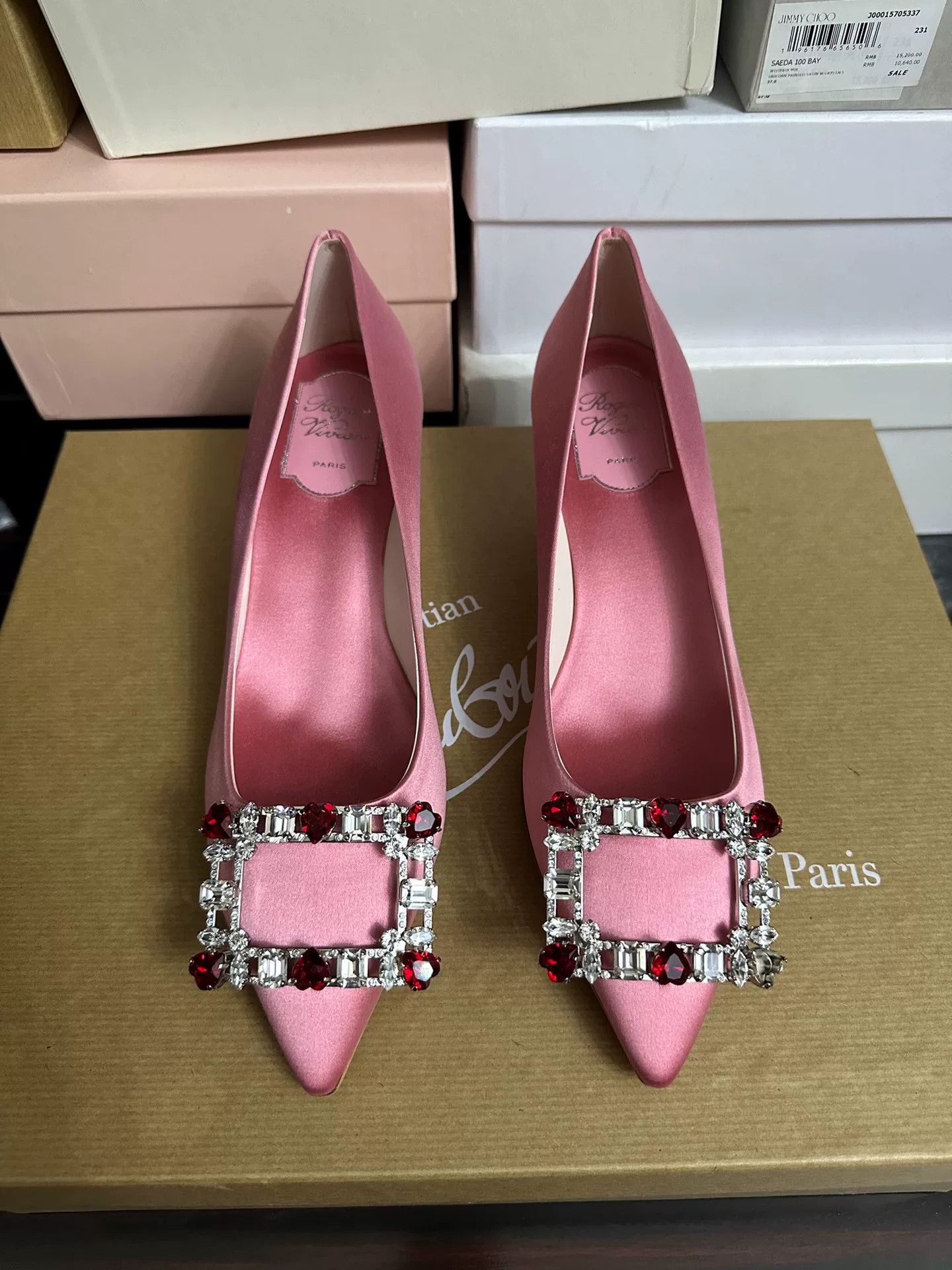 Roger Vivier Roger Vivier Pink Silk Crystal Pointed Heels Size US 7 / IT 37 - 1 Thumbnail