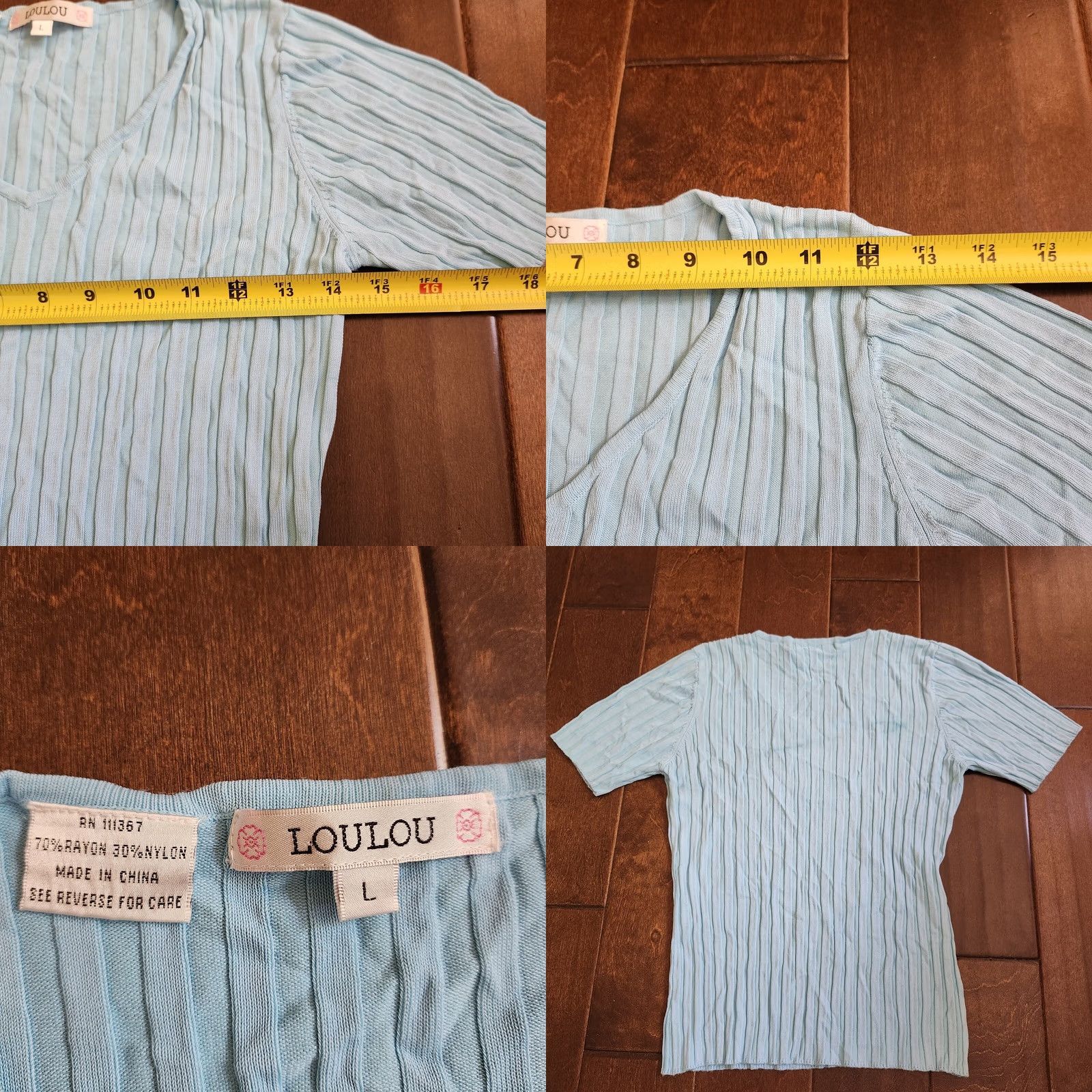 Vintage Lou Lou Women's Junior V-Neck Blue Ribbed Top Short Sleeve Pullover L Size L / US 10 / IT 46 - 8 Thumbnail