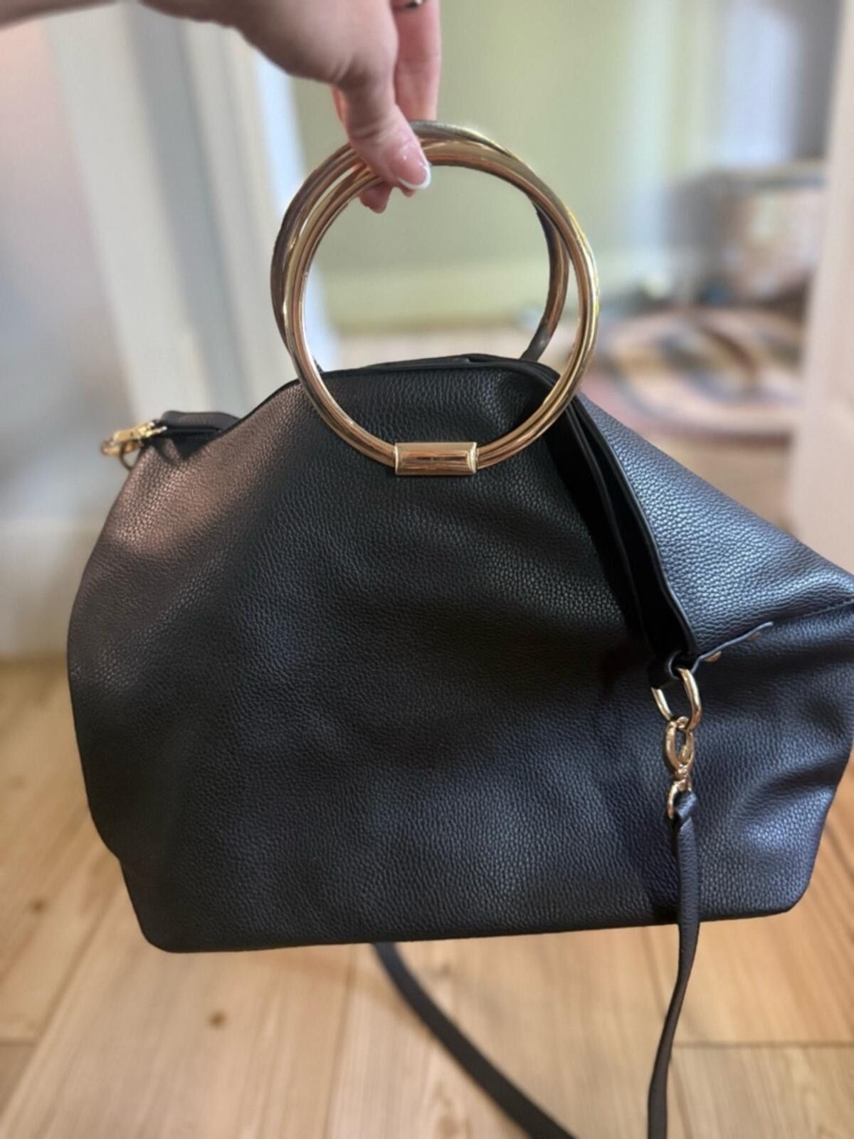 Other JustFab Black Hobo Bag with Gold Ring Handles Size ONE SIZE - 2 Thumbnail
