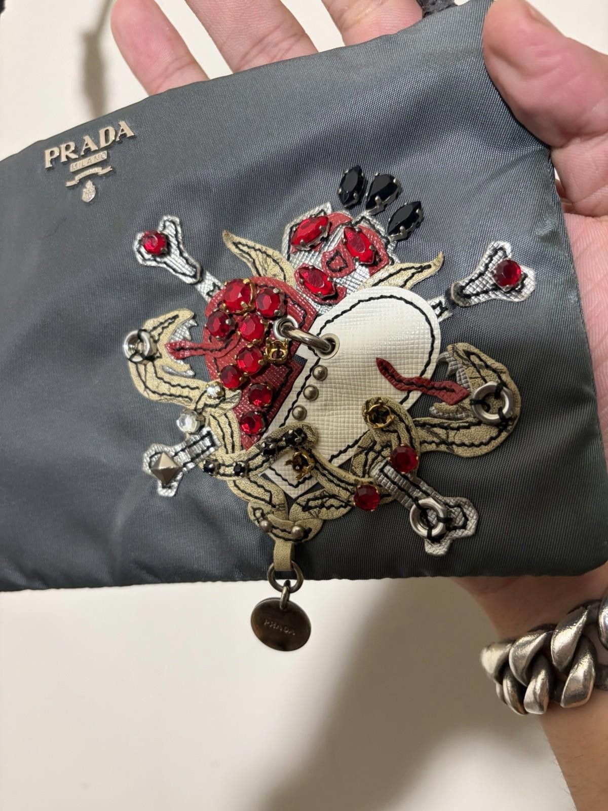 Prada Prada Tessuto Gray Nylon Tattoo Heart Gem Stud Shoulder Bag Size ONE SIZE - 4 Thumbnail
