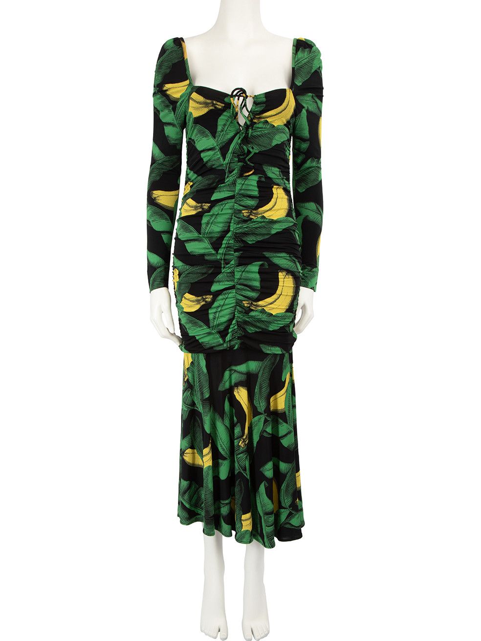 image of Ganni Leaf Print Ruched Midi Dress, Women's (Size XS)