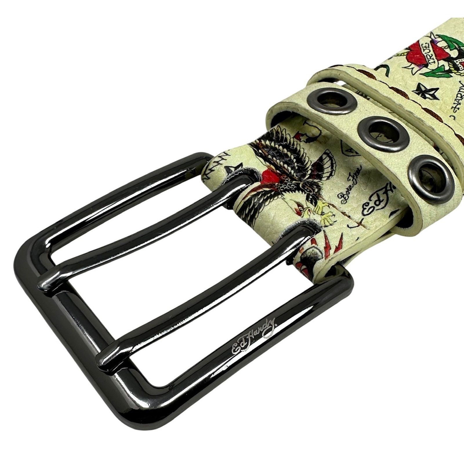 Ed Hardy Ed Hardy Men's Double Prong Ace of Hearts Printed Cream Belt Size 32 - 4 Thumbnail