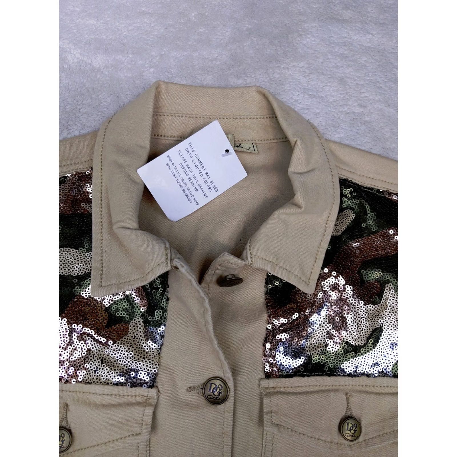 Denime DG2 by Diane Gilman Womens L Beige Denim Sequin Camo Military Jacket Chore jean Size 36" / US 14 / IT 50 - 4 Thumbnail