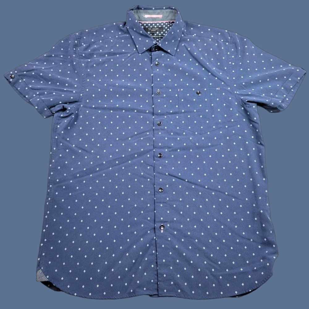 Ted Baker Ted Baker Shirt Mens Large Short Sleeve Pattern Button Up Modal Blend Casual blue geometric square print Size US L / EU 52-54 / 3 - 1 Thumbnail