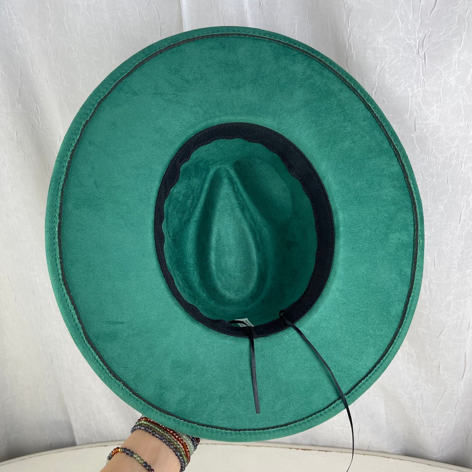 Handmade Green Faux Suede Wide Flat Brim Hat Sunflowers ADJUSTABLE SZ Size ONE SIZE - 17 Thumbnail