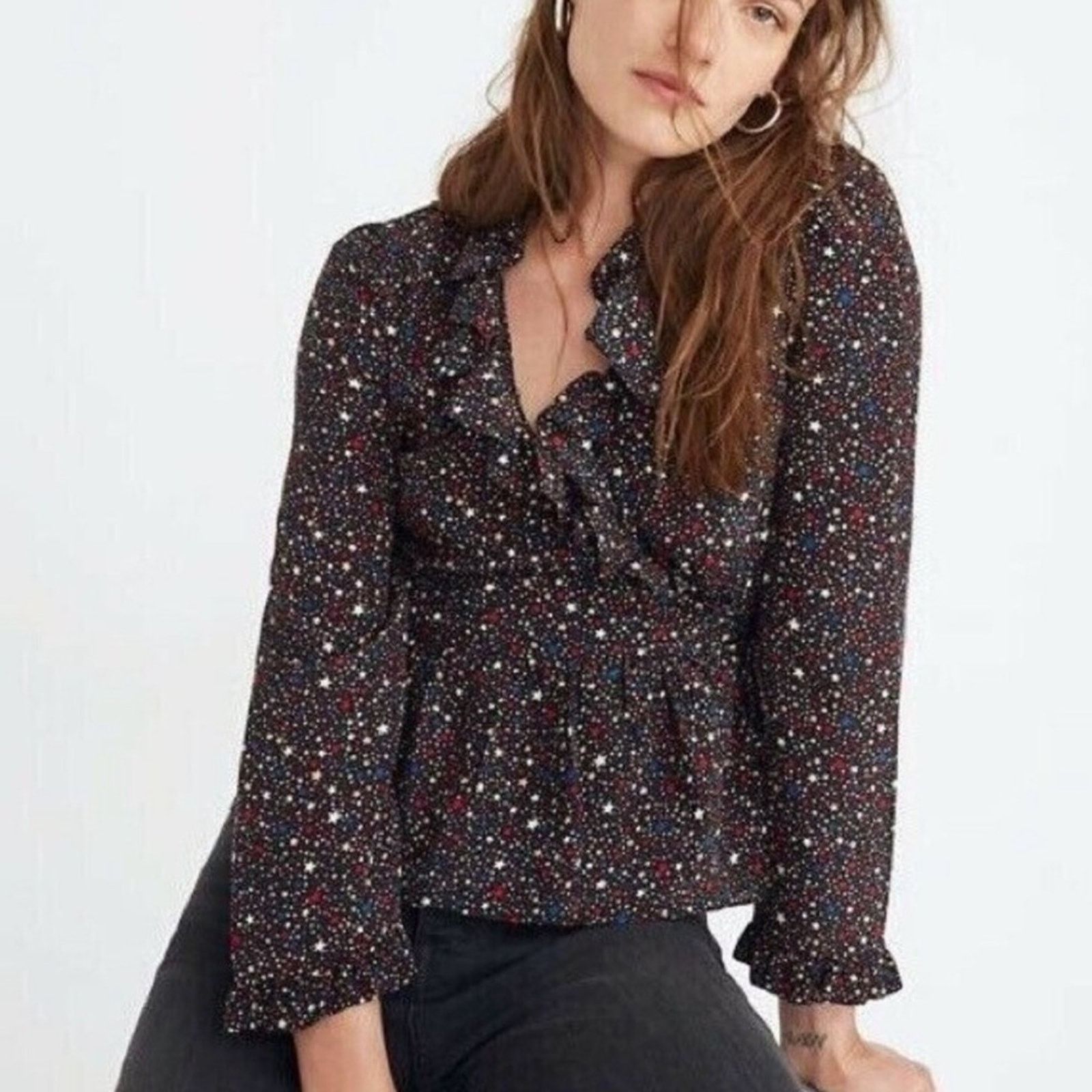 Madewell Madewell Silk Ruffle-Hem Wrap Long Sleeve Top Starry Night Size M / US 6-8 / IT 42-44 - 1 Thumbnail