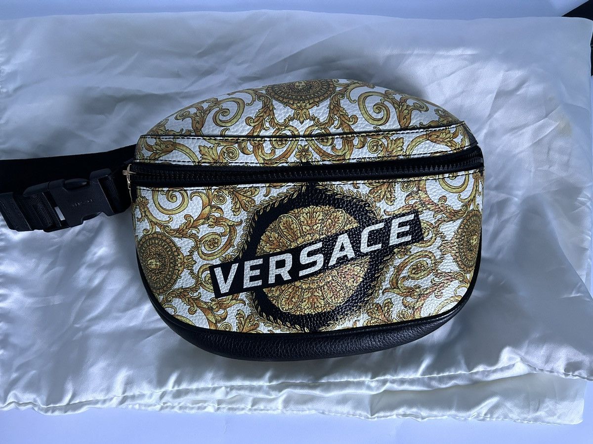 image of Versace Barocco Print Leather Belt Bag in Black/White, Men's