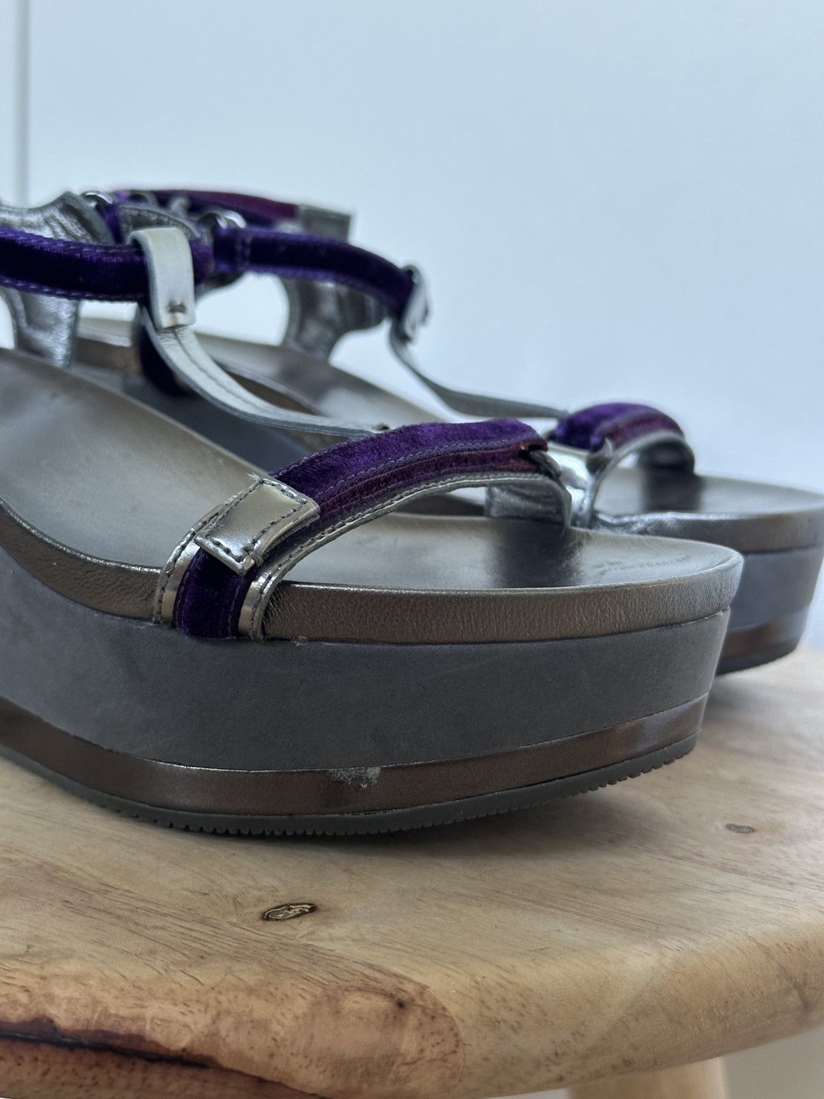 Prada Prada wedge sandals leather velvet grey / purple with box Size US 6 / IT 36 - 10 Thumbnail