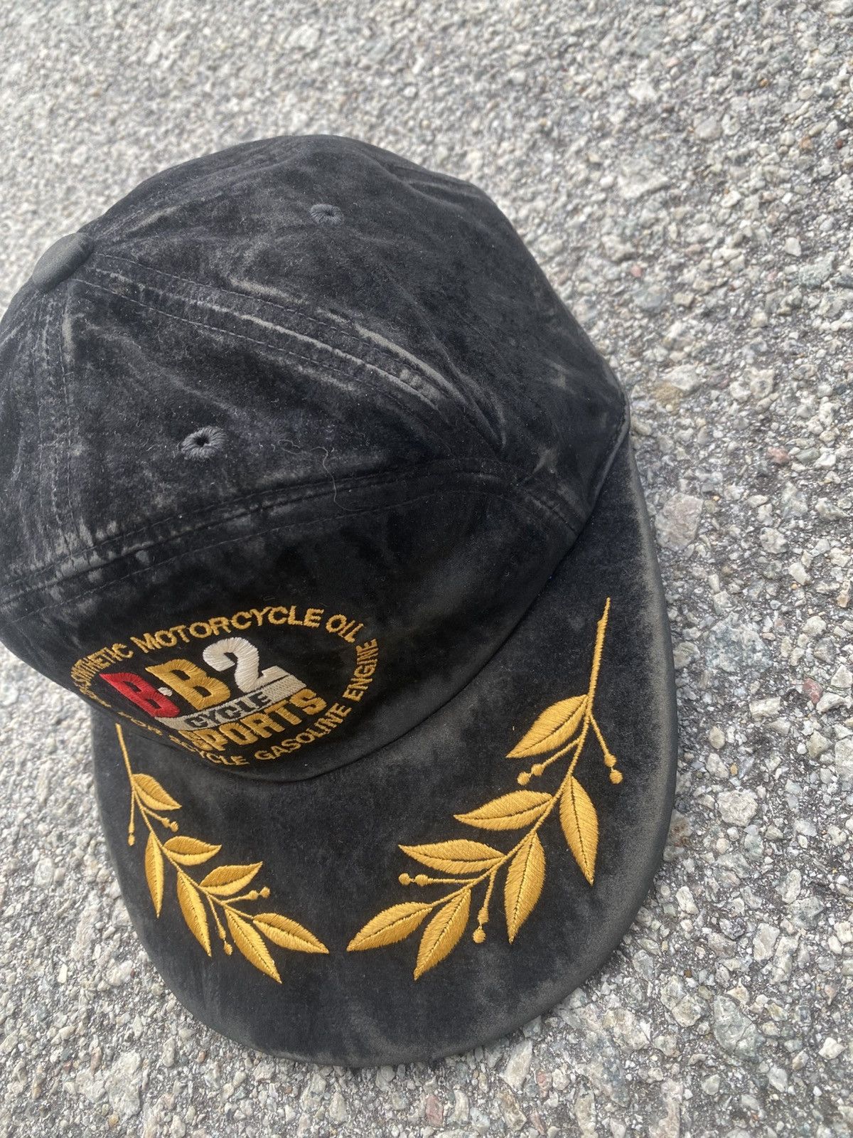 Japanese Brand Very Rare 1990s Motorsport Distressed Black Velvet Cap Size ONE SIZE - 5 Thumbnail