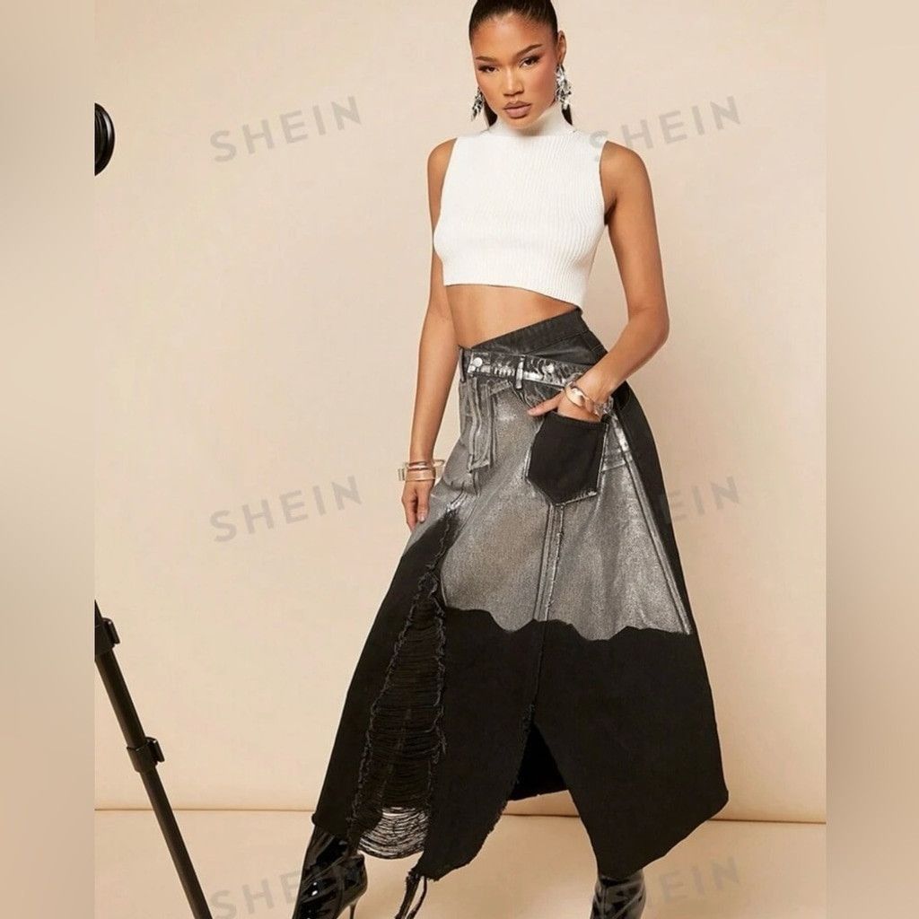 Other Ripped Asymmetrical Hem Denim Skirt Black & Silver Size 8 Size 30" / US 8 / IT 44 - 1 Thumbnail