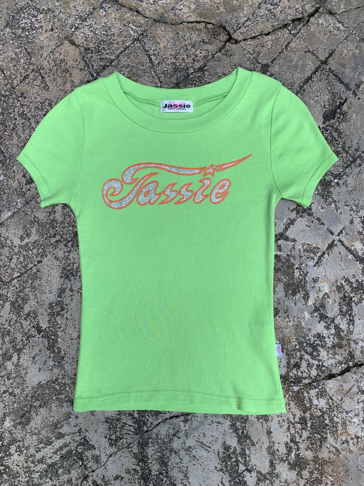 y2k Jassie Japan Green Cute Pop Spell Out Glitters Logo Top
