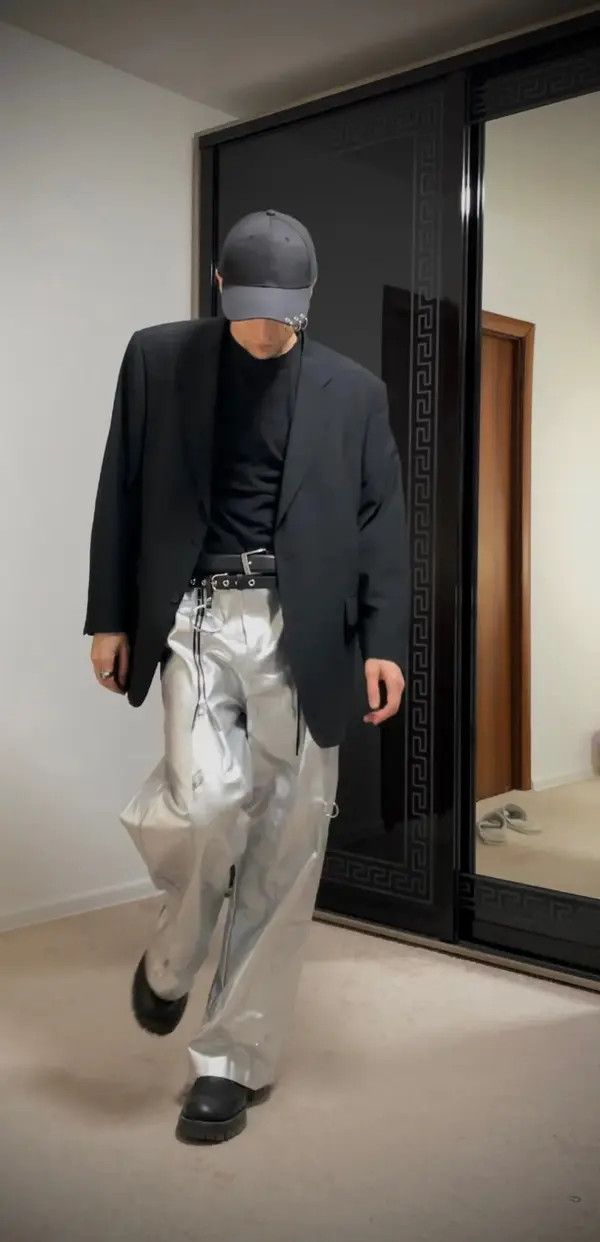 Silver Pu Leather Pants with Many Zippers Trousers