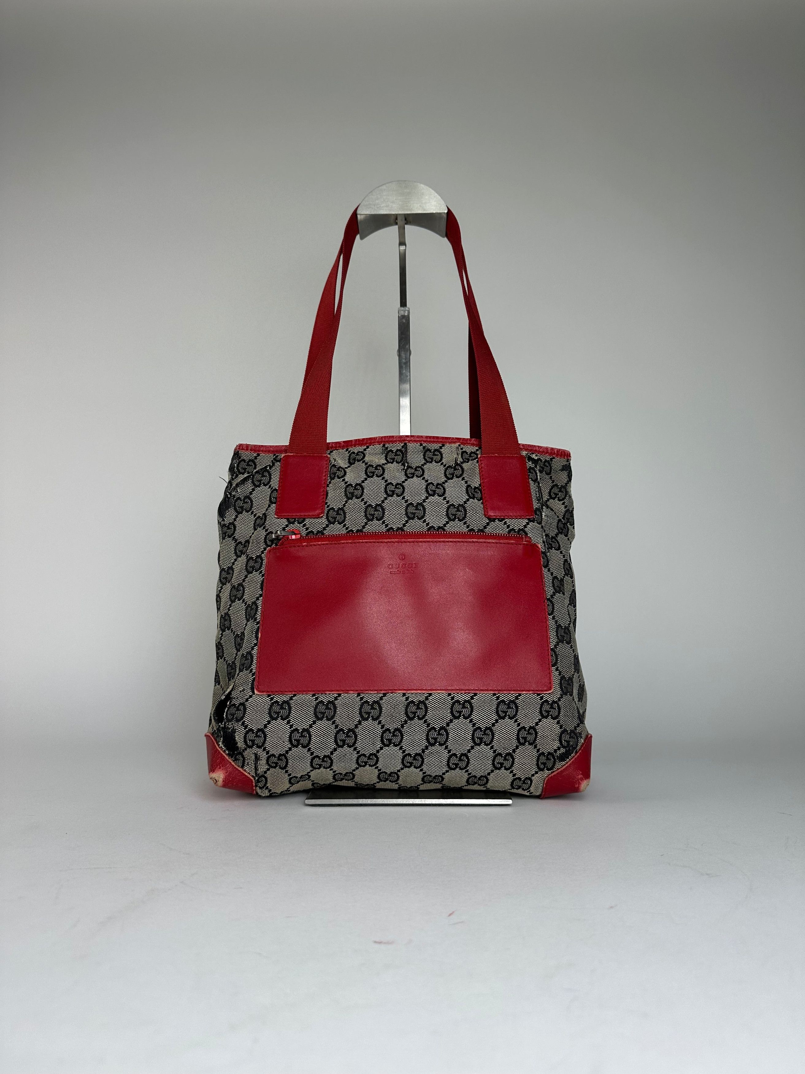 Gucci Vintage Monogram Leather Canvas Handbag Grey Black Red Size ONE SIZE - 1 Thumbnail