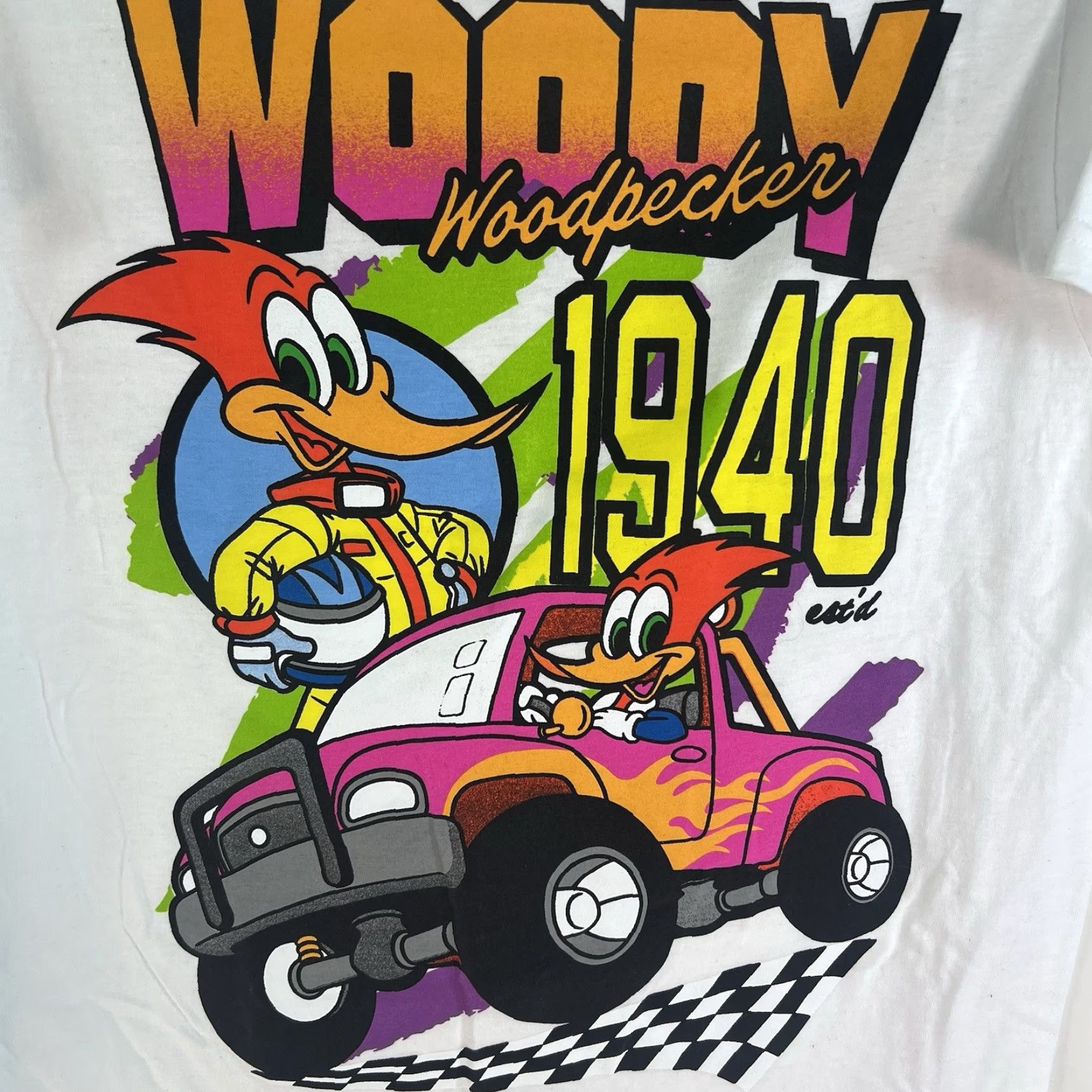 Vintage Walter Lance Woody Woodpecker Hot Rod Car T-Shirt Mens Size S White Graphic Print Size US S / EU 44-46 / 1 - 2 Thumbnail
