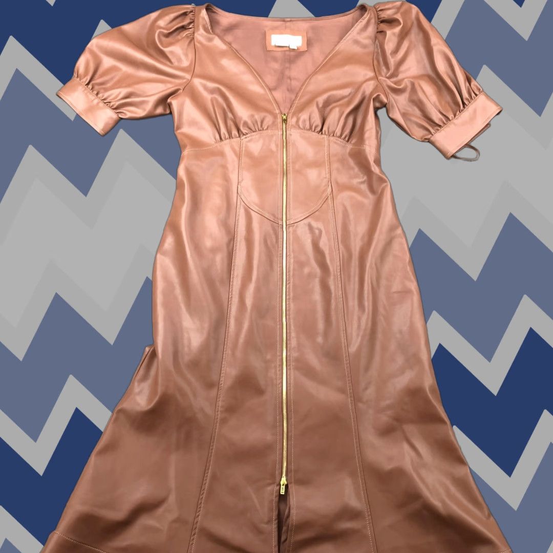anthropologie brown leather dress VINTAGE Anthropologie Womens 10 Faux Puff Sleeve Zip Midi Fit Flare size-UK 12