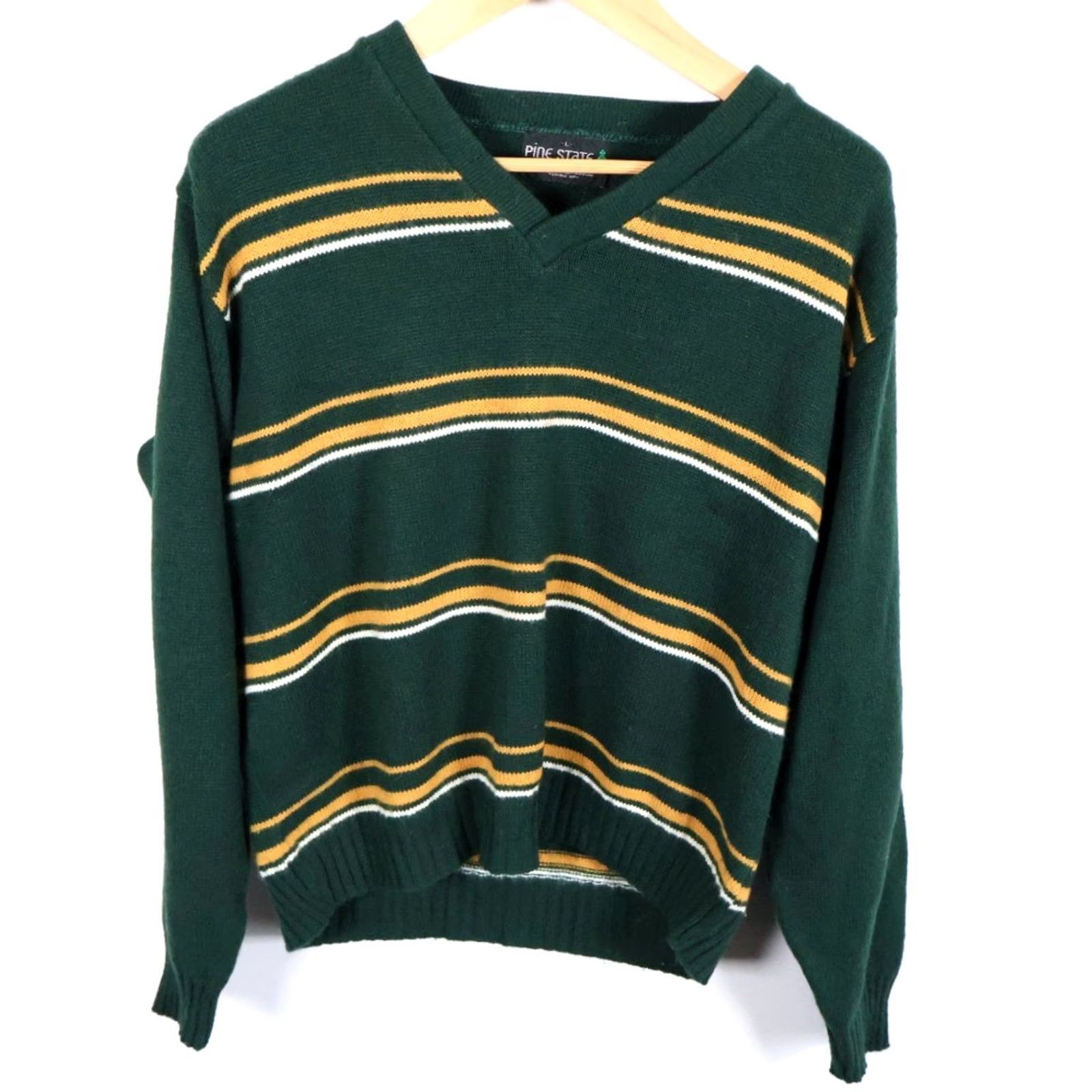 Vintage VINTAGE Mens Large Green Yellow Striped V-Neck Sweater Shirt Pullover 80s 90s Preppy Casual Lightweight Knit Boxy Fit Size US L / EU 52-54 / 3 - 2 Thumbnail
