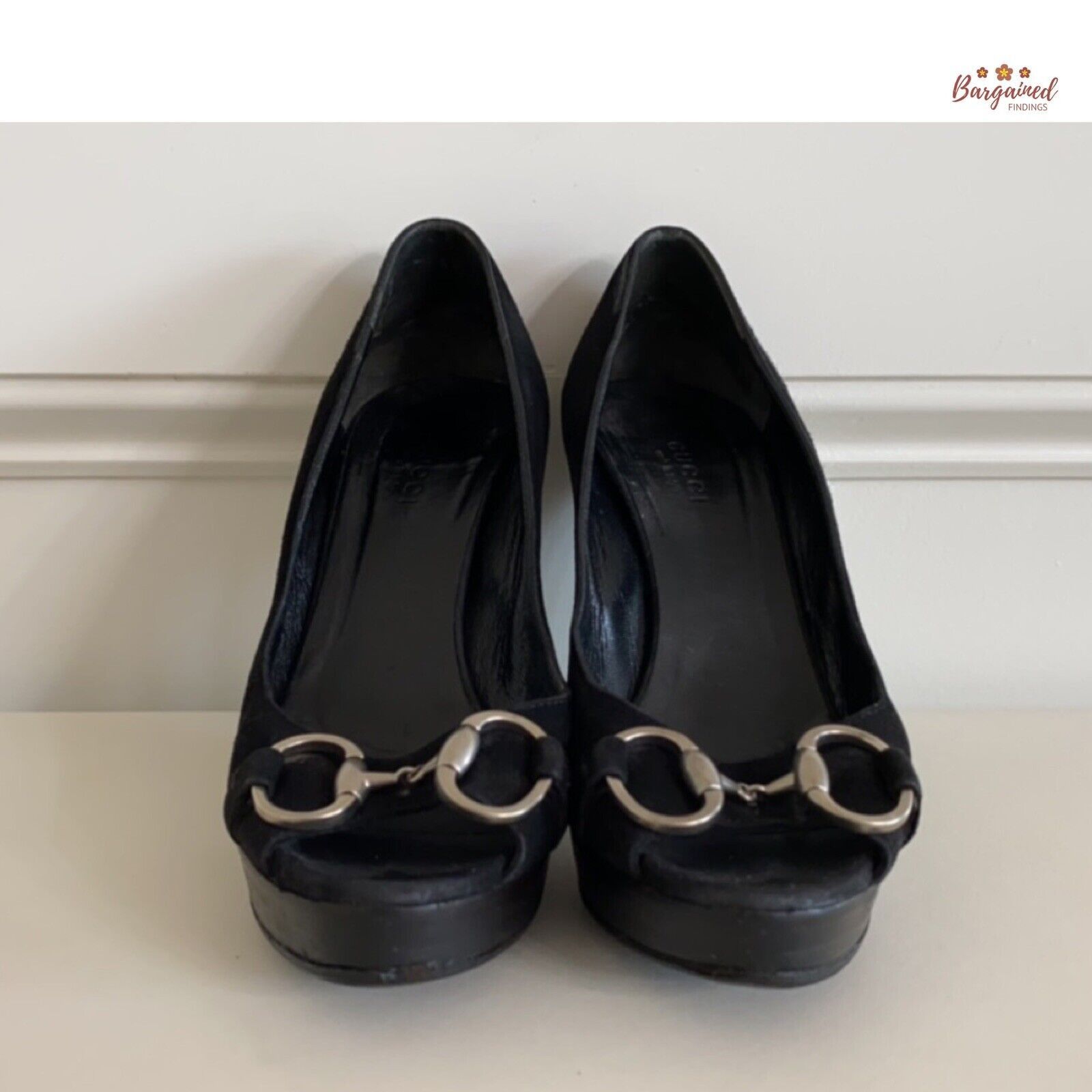 GUCCI Black Suede Leather Horsebit Peep-Toe Platform Pumps