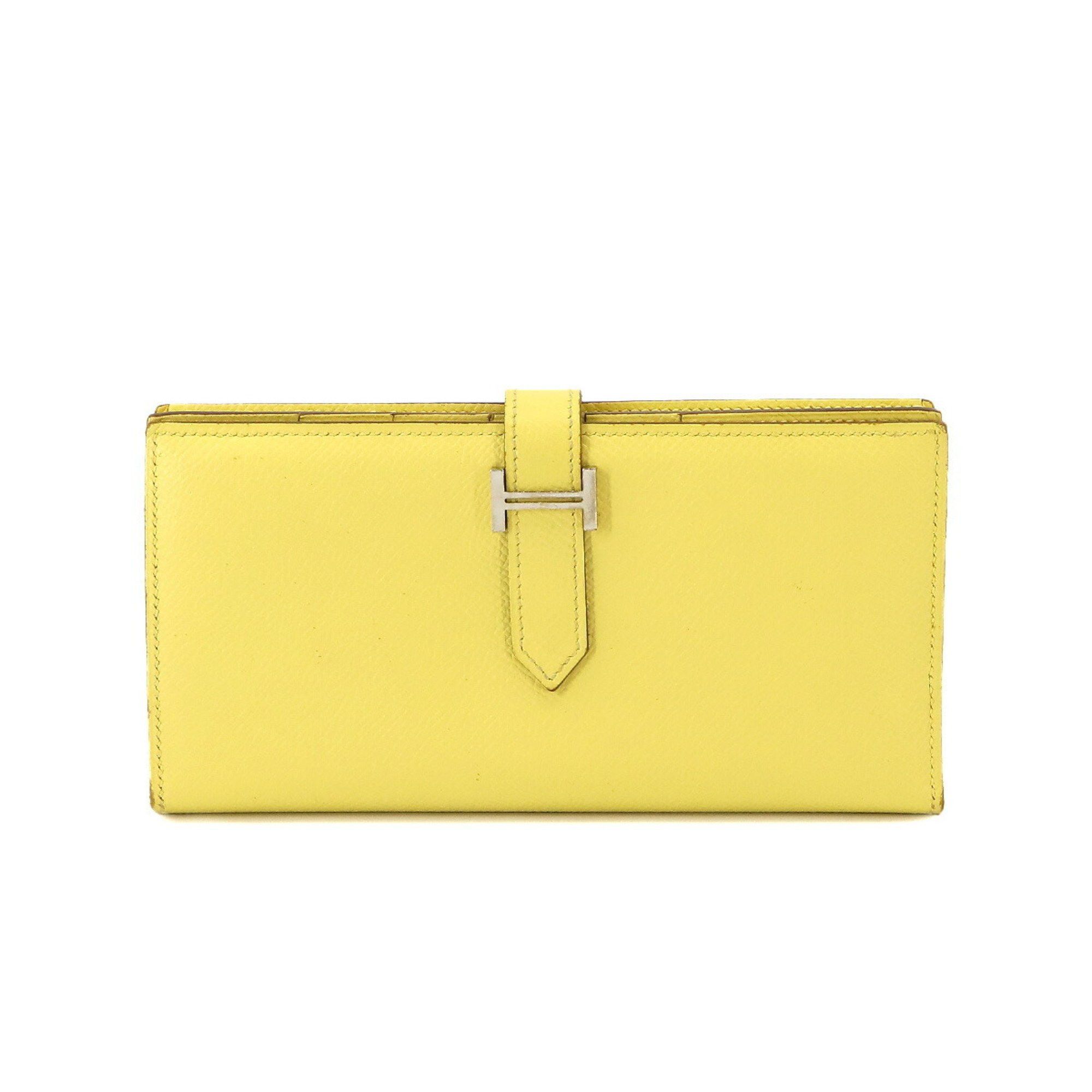image of Hermes Bearn Soufflet Bi-Fold Long Wallet Epson Jaune Poussin T Stamp Silver Metal Fittings, Women'
